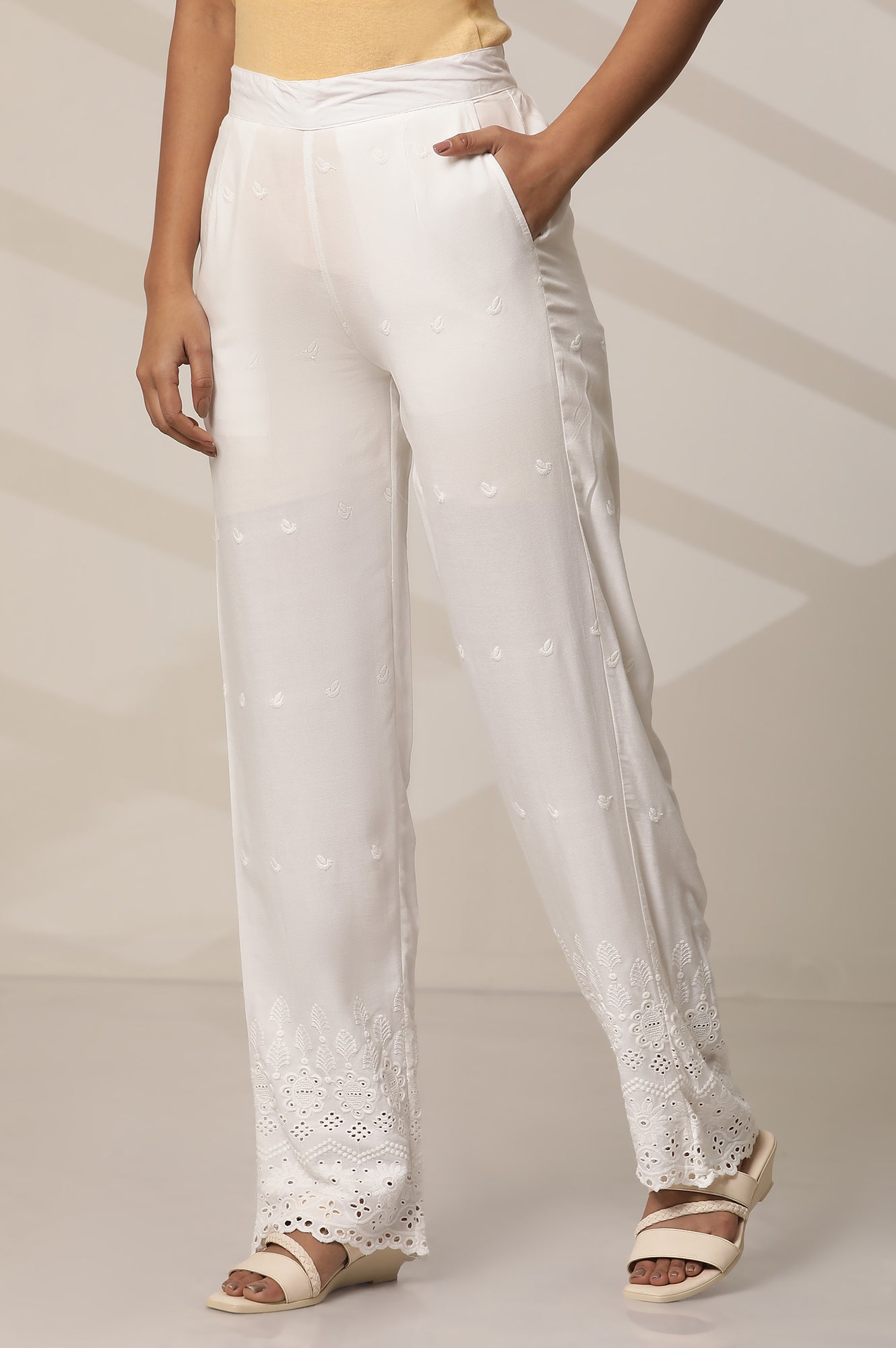 White Schiffli Embroidered Straight-fit Woven Palazzo with Elasticated Waist