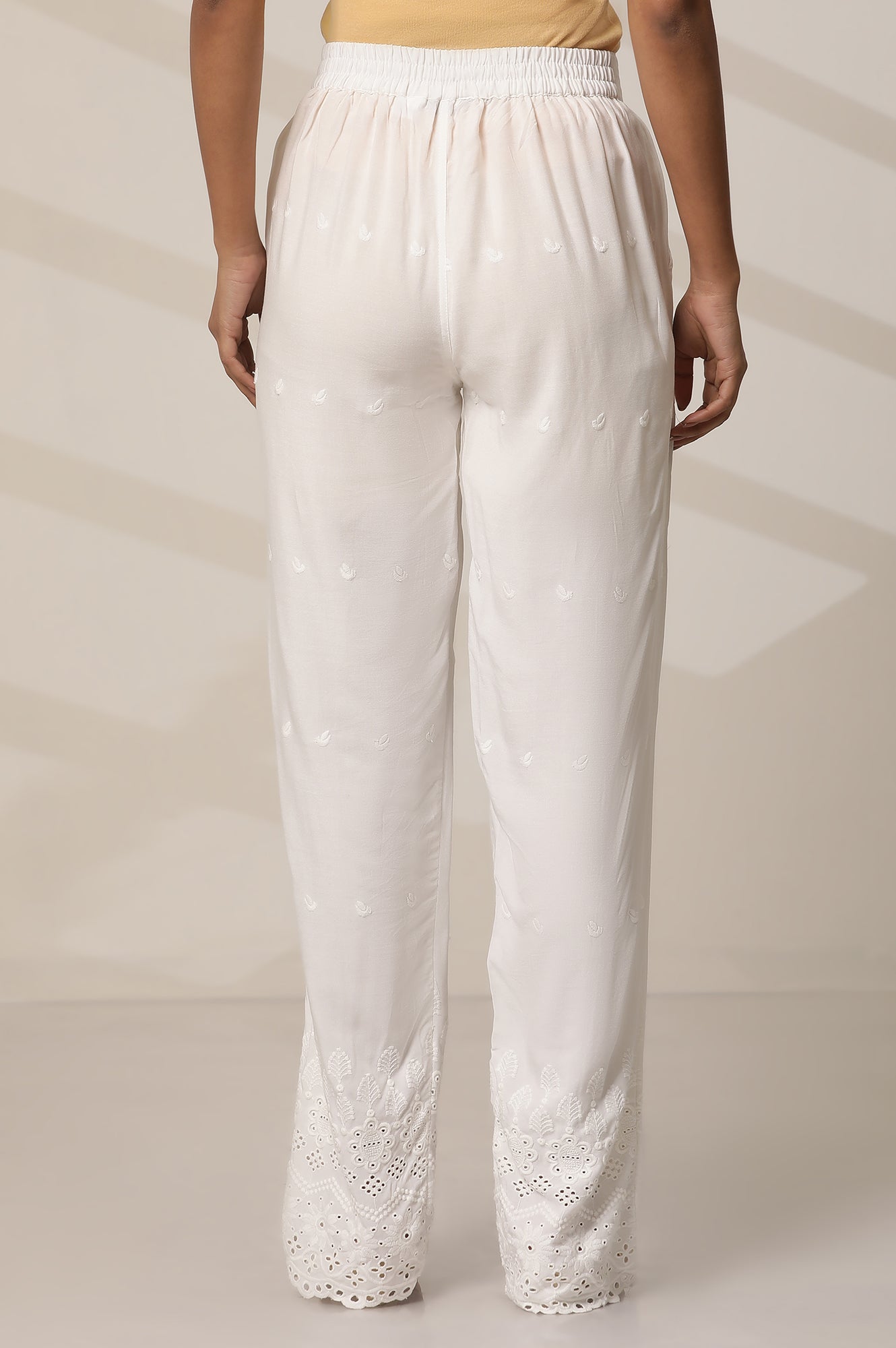 White Schiffli Embroidered Straight-fit Woven Palazzo with Elasticated Waist