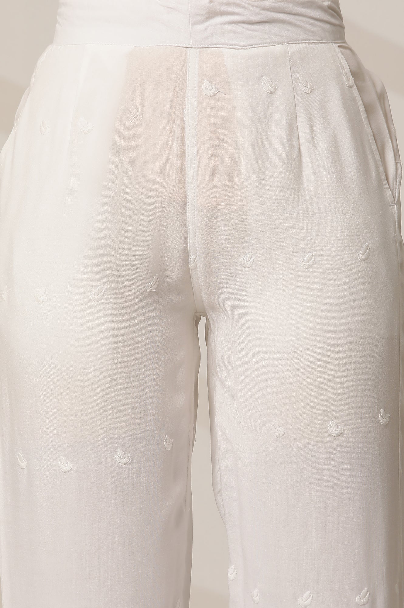 White Schiffli Embroidered Straight-fit Woven Palazzo with Elasticated Waist