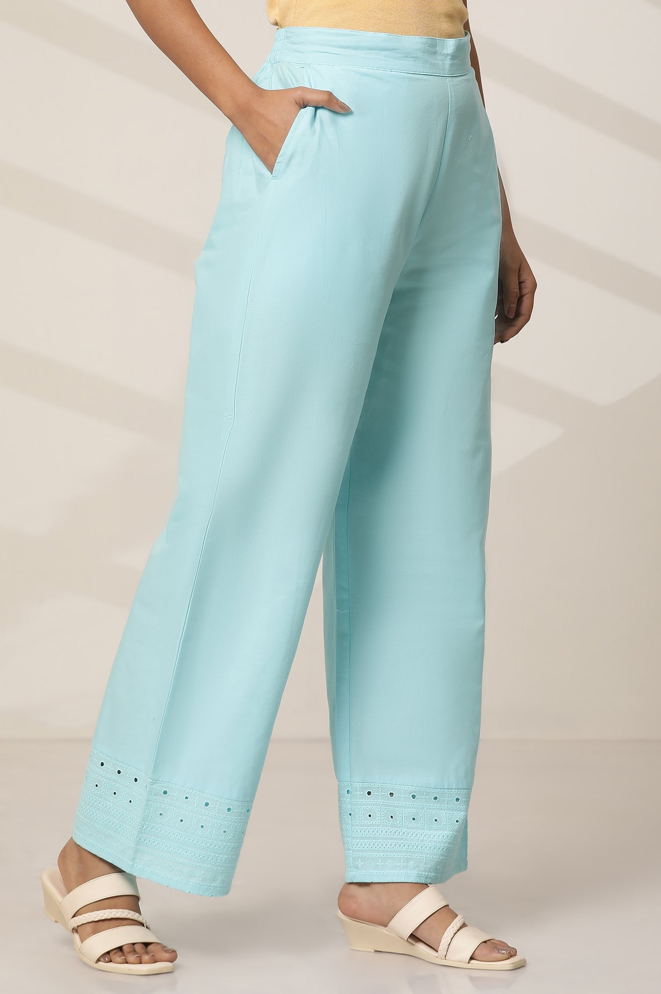 Sky Blue Embroidered Wide Leg Cotton Palazzo With Elasticated Waist