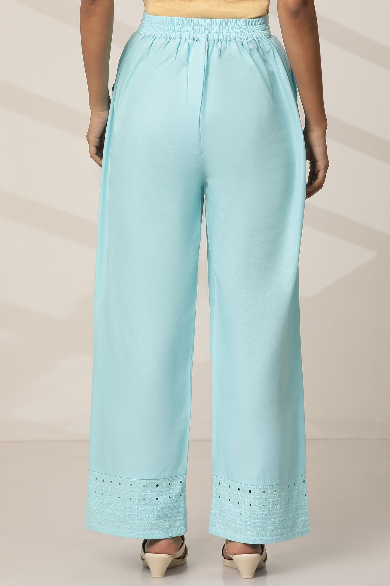 Sky Blue Embroidered Wide Leg Cotton Palazzo With Elasticated Waist