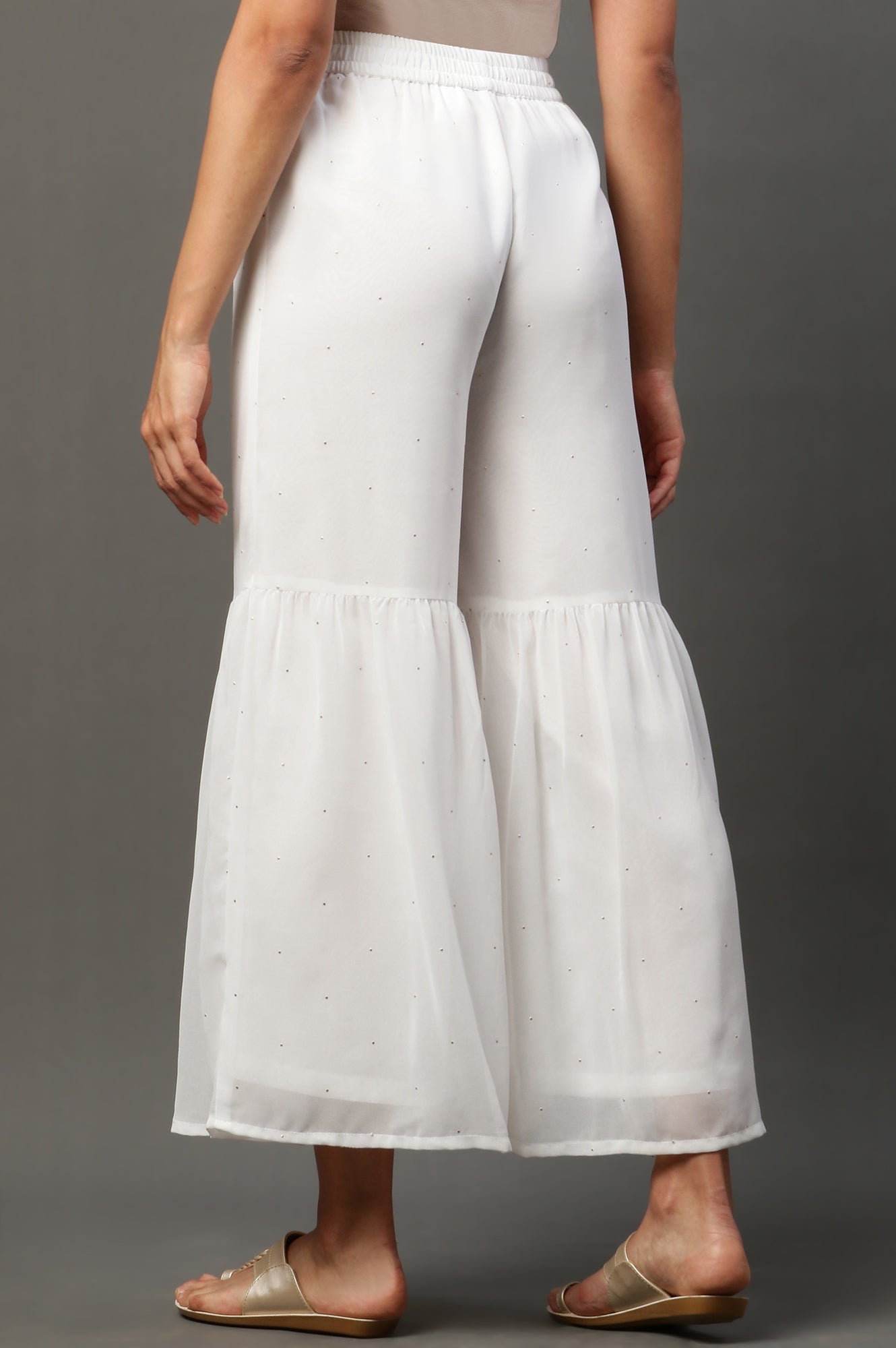 White Polka Dots Printed Flared Georgette Sharara With Elasticated Waist