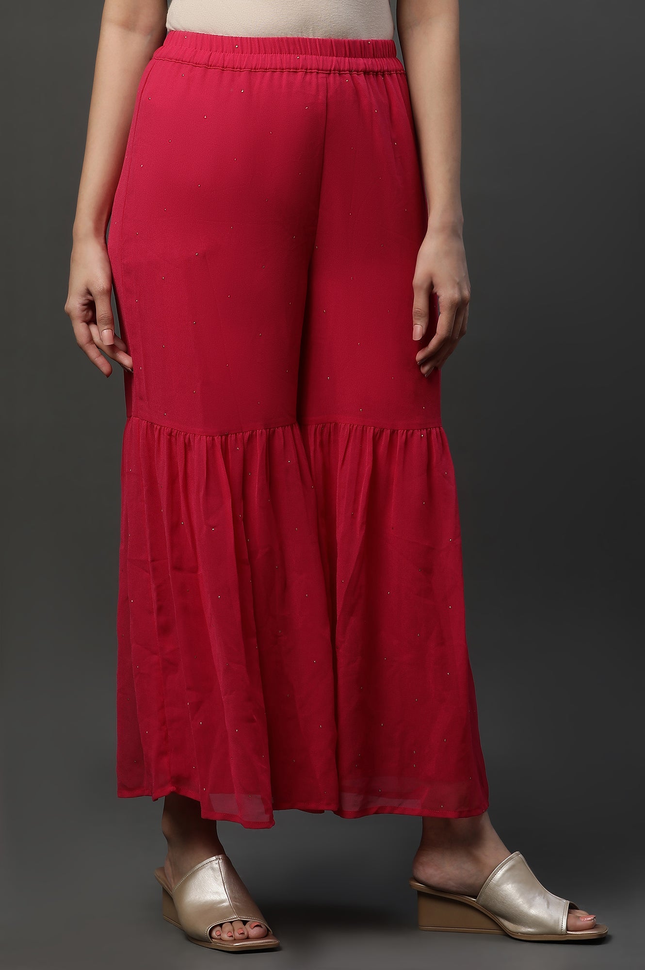 Pink Polka Dots Printed Flared Georgette Sharara With Elasticated Waist