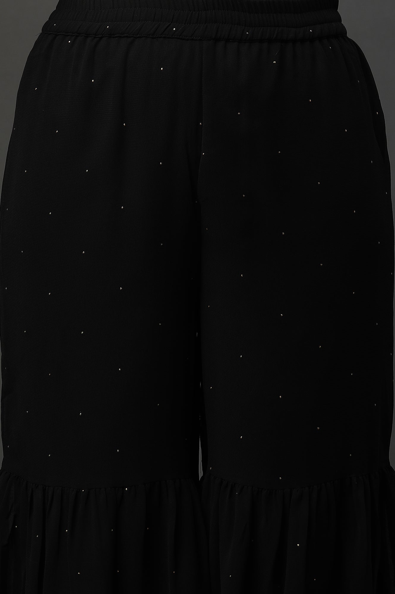 Black Polka Dots Printed Flared Georgette Sharara With Elasticated Waist