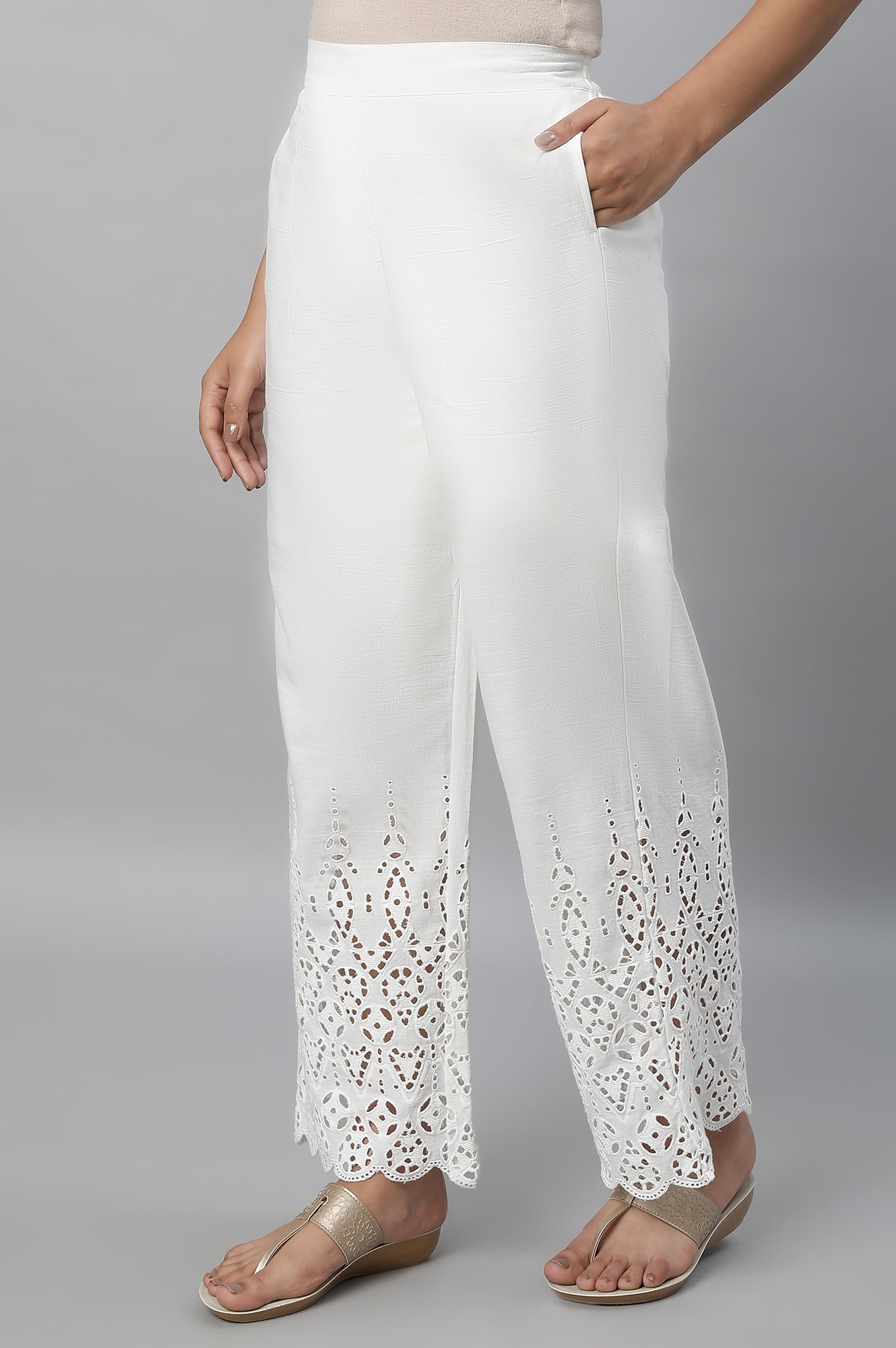 White Embroidered Straight Fit Cotton Palazzo With Side Pockets
