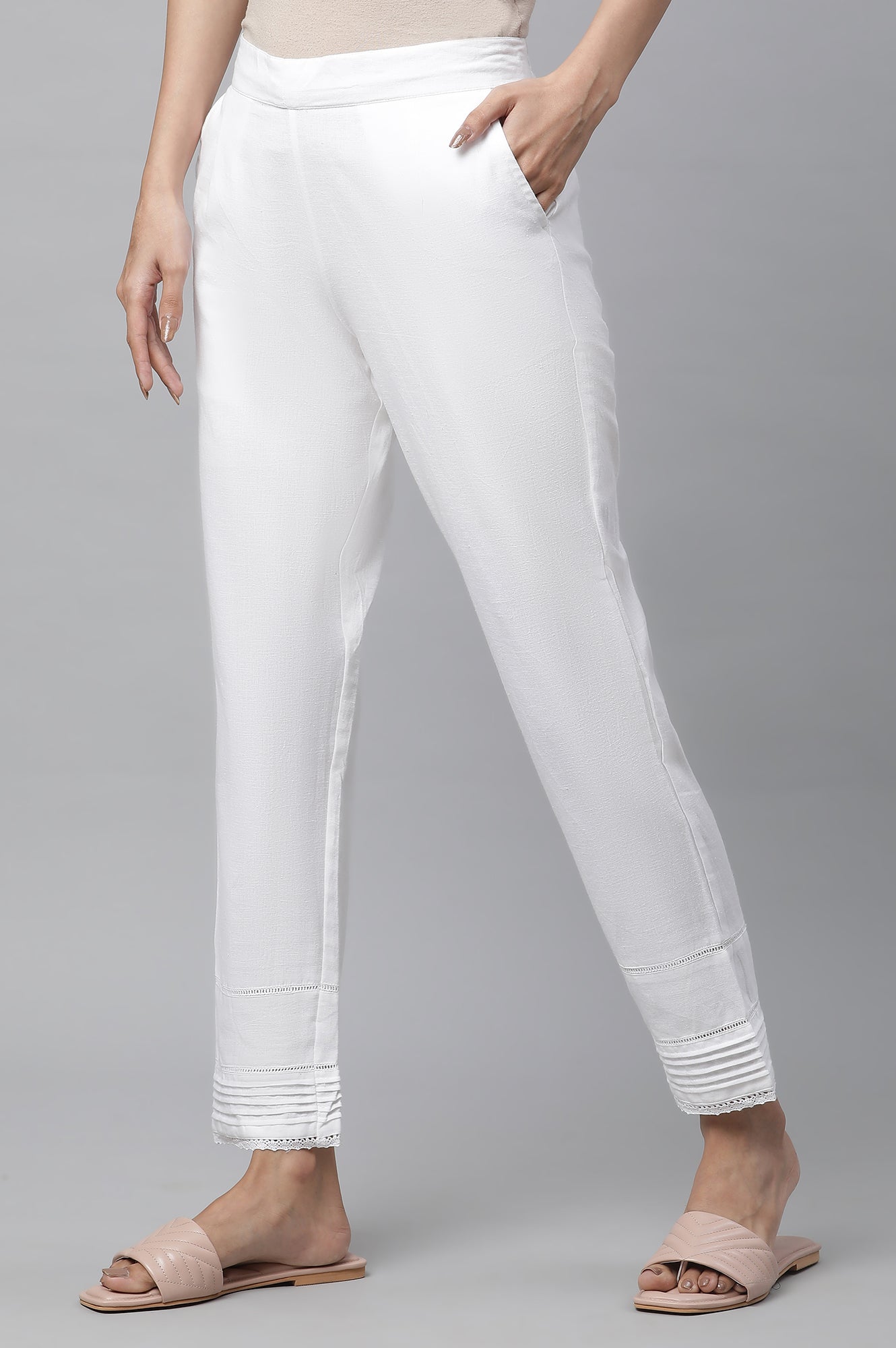 White Solid Straight Fit Cotton Trousers With Lace Inserts