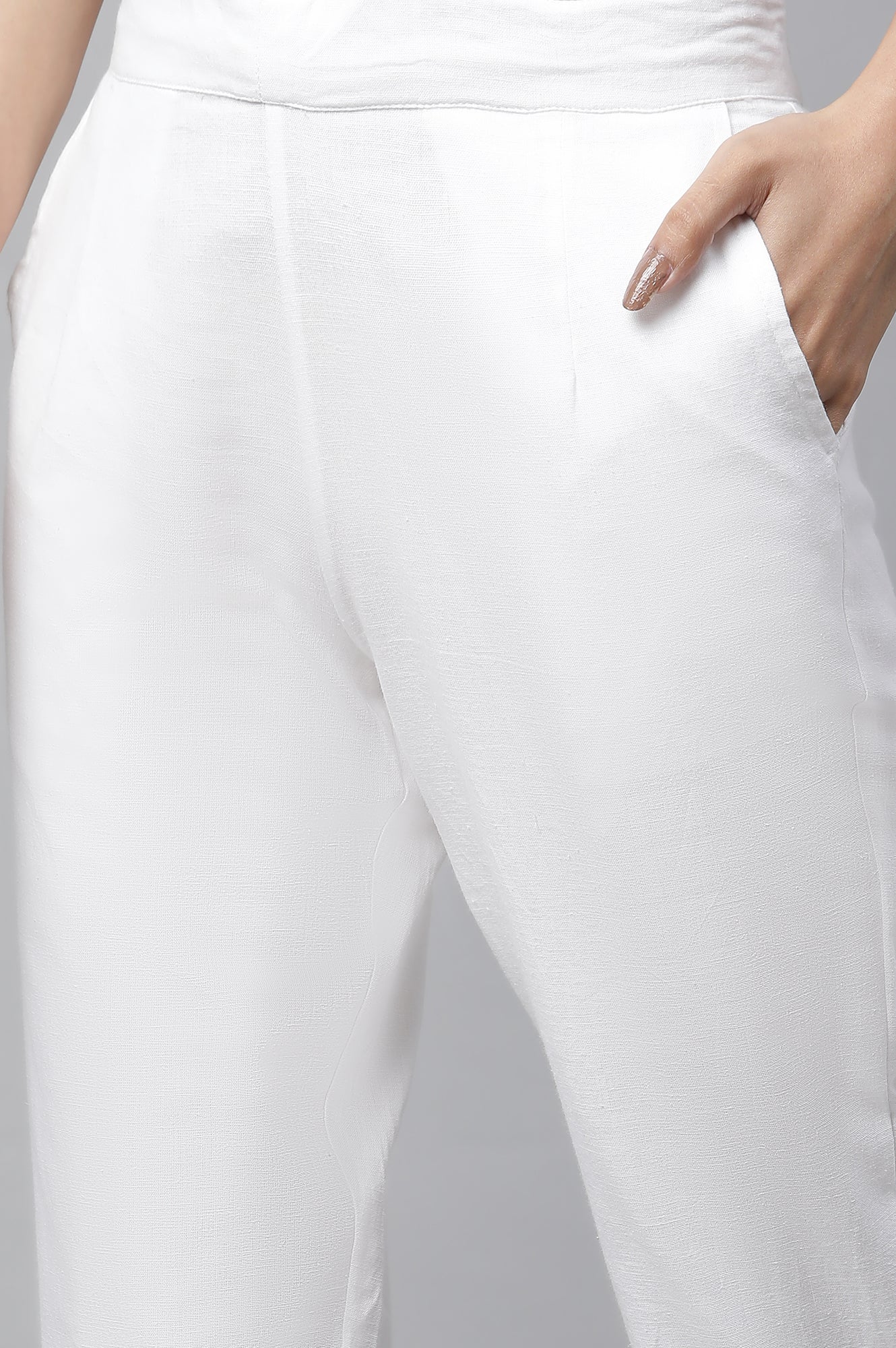 White Solid Straight Fit Cotton Trousers With Lace Inserts