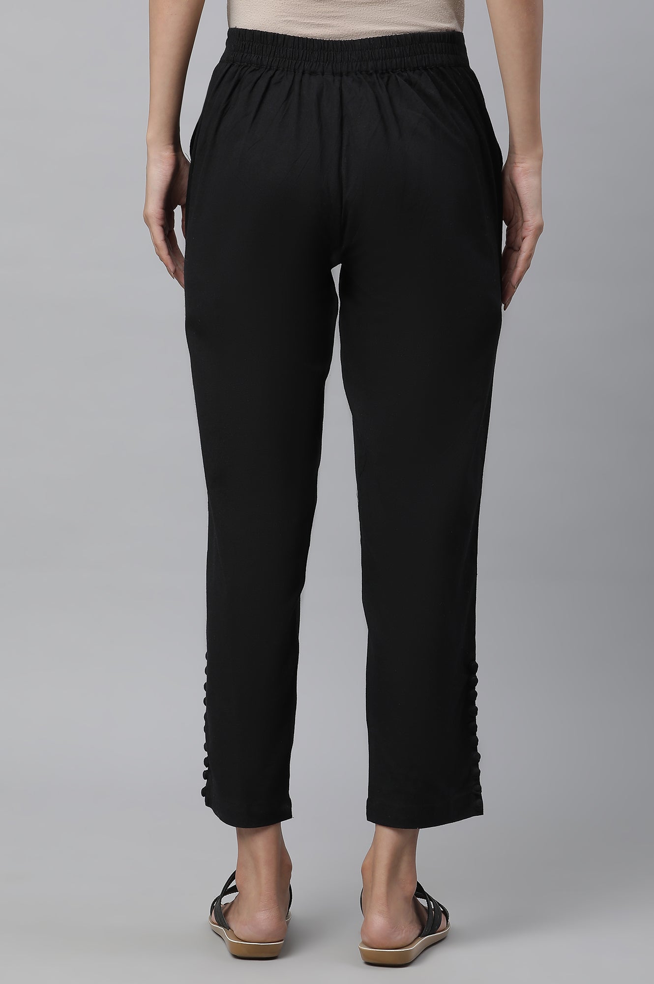 Black Solid Straight Fit Cotton Pants With Button Detail