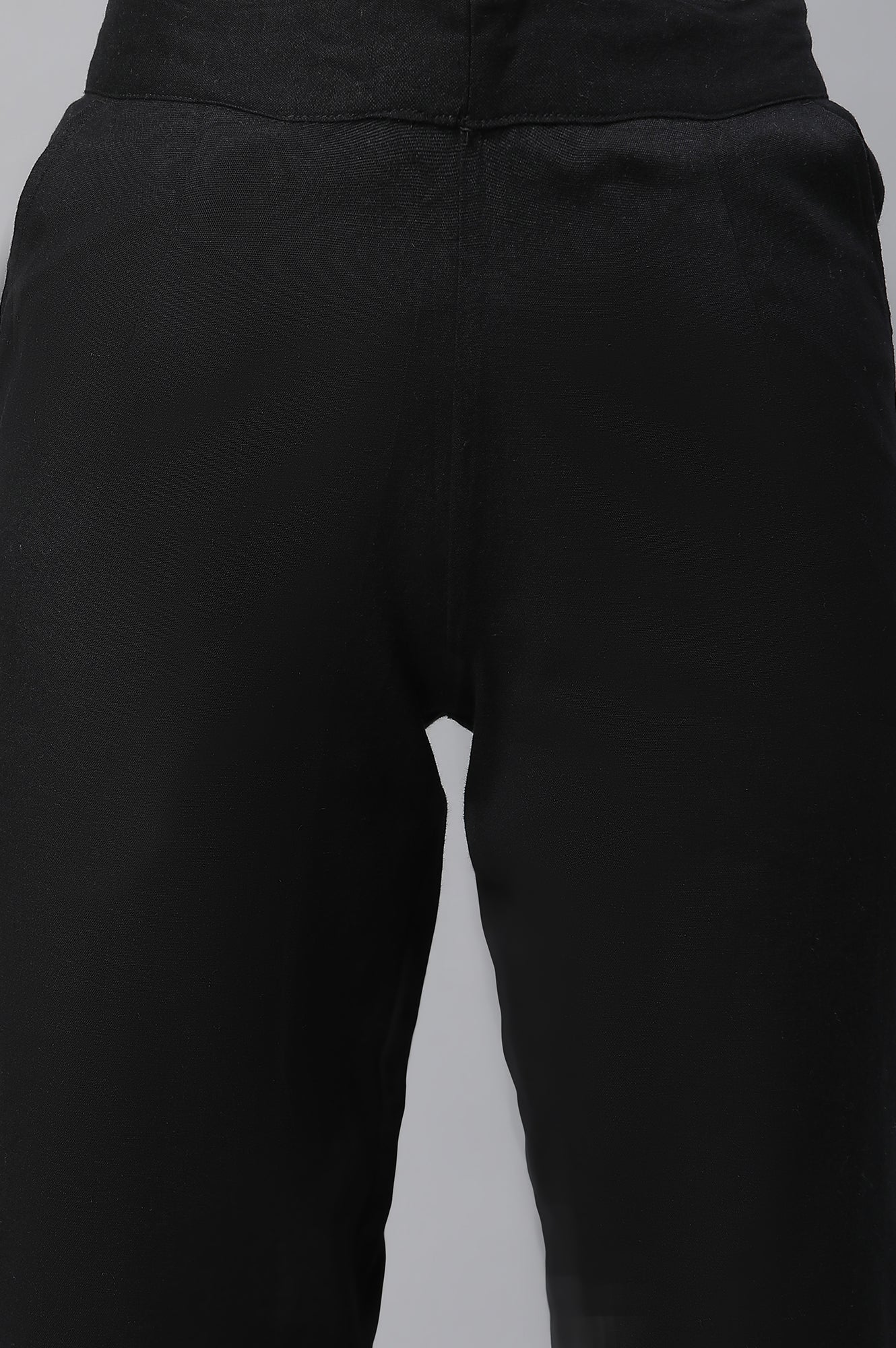 Black Solid Straight Fit Cotton Pants With Button Detail