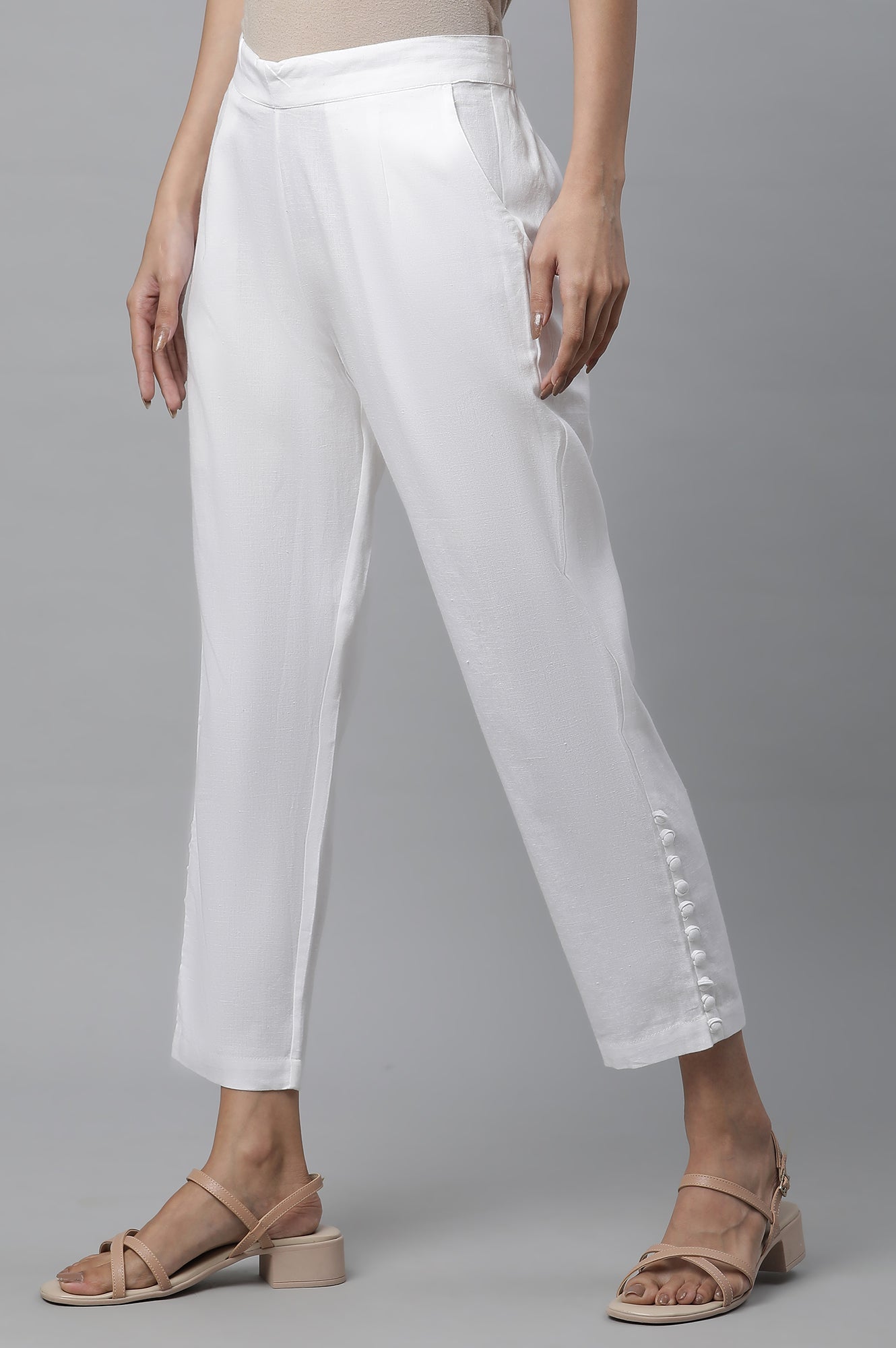 White Solid Straight Fit Cotton Trousers With Button Detail