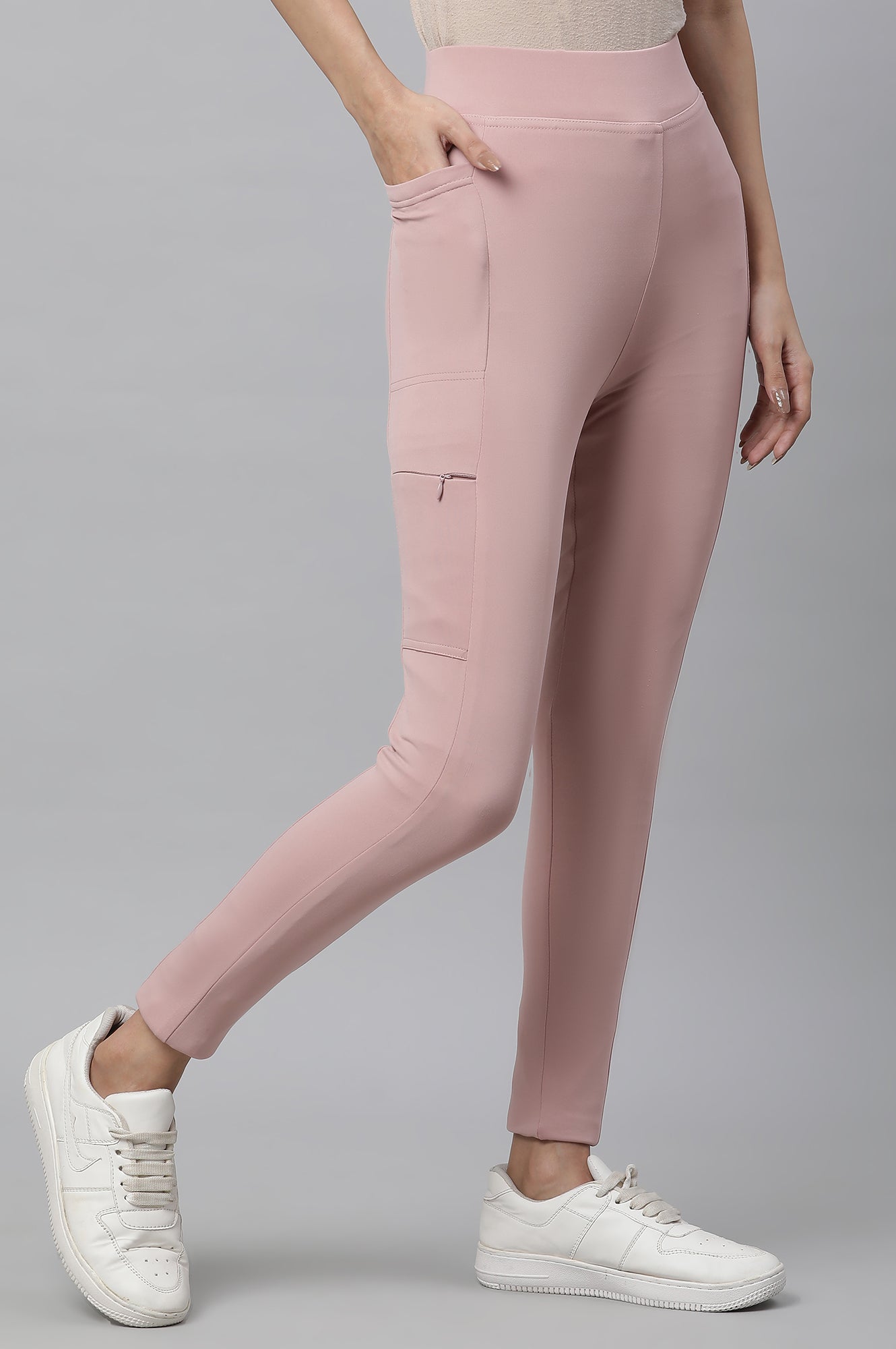 Pink Solid Skinny Fit Tights With Elasticated Waist