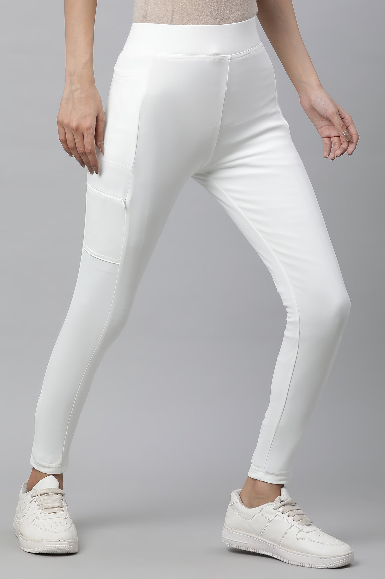 White Solid Skinny Fit Tights With Elasticated Waist