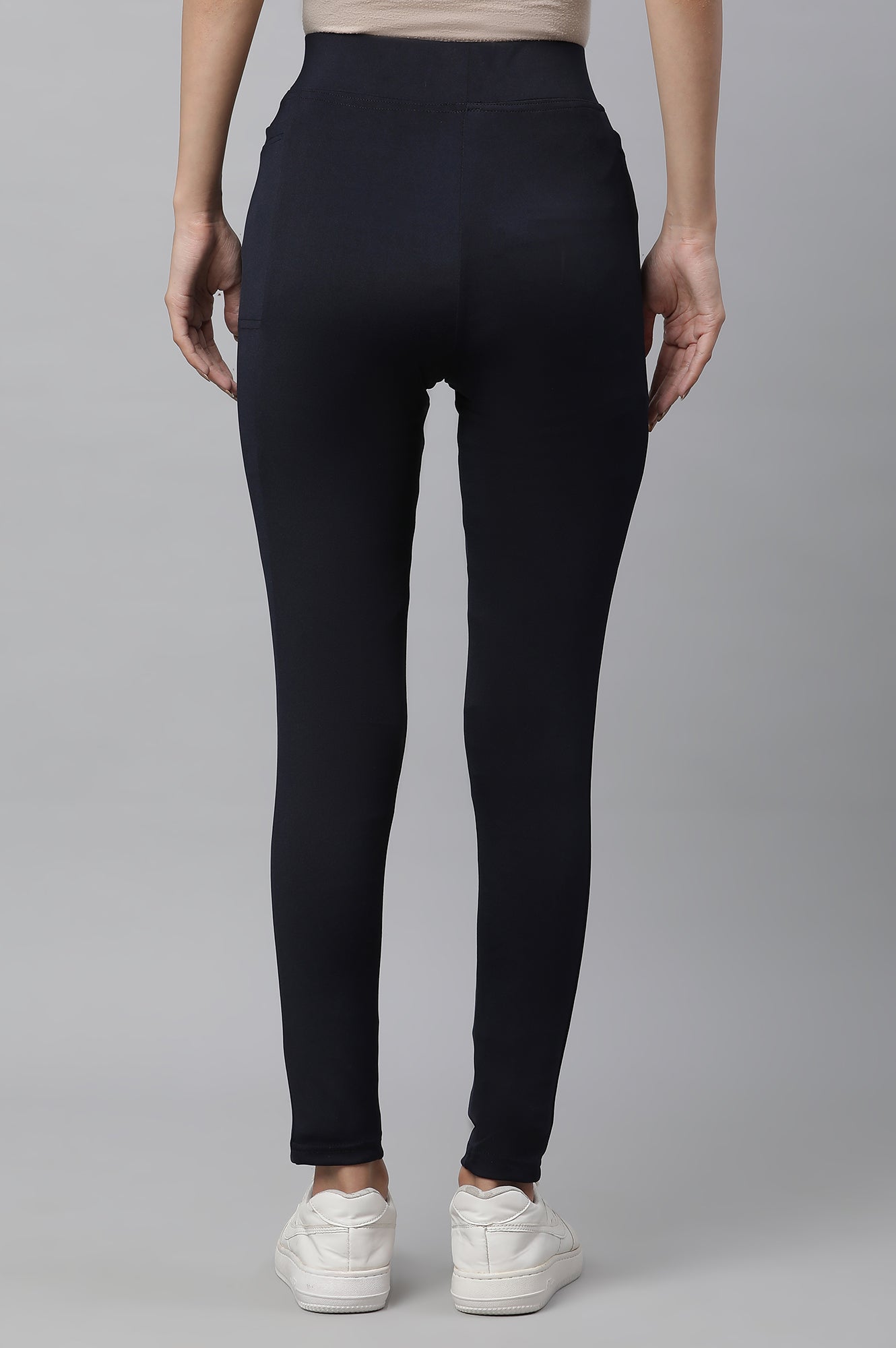 Navy Blue Solid Skinny Fit Tights With Elasticated Waist