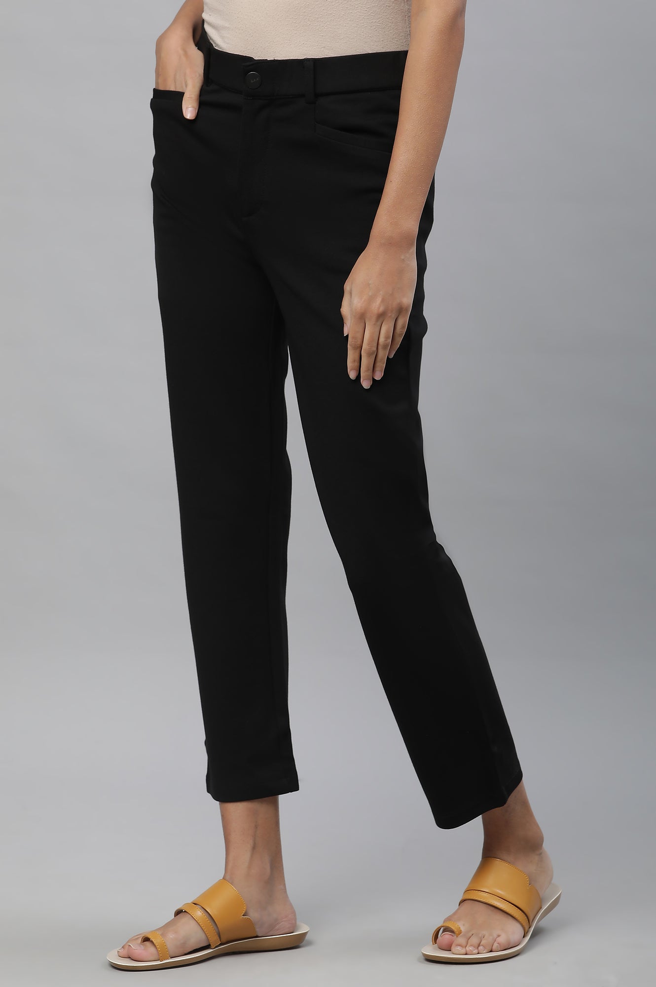 Black Solid Slim Fit Trousers With Elasticated Waist