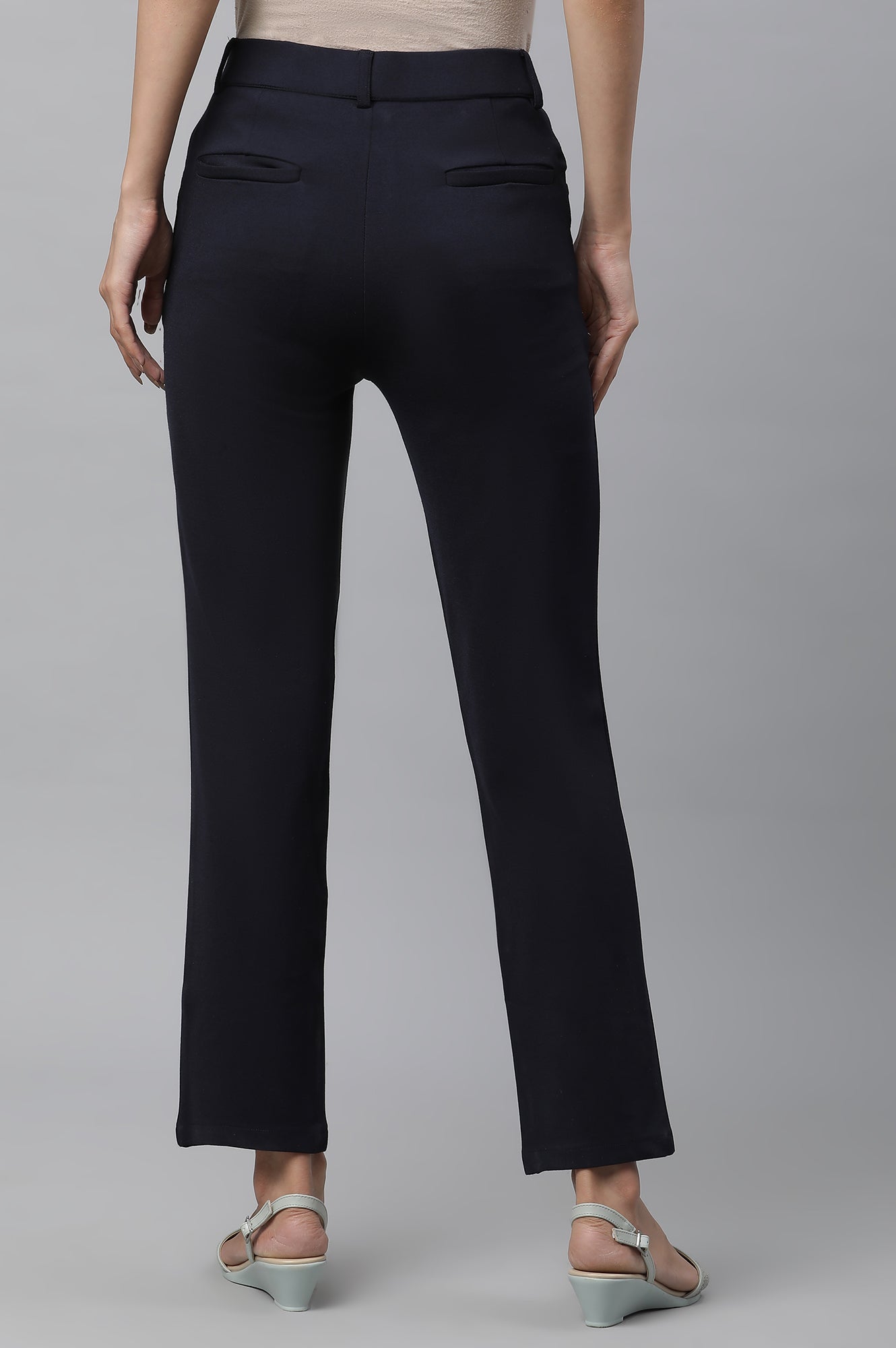 Navy Blue Solid Slim Fit Trousers With Elasticated Waist
