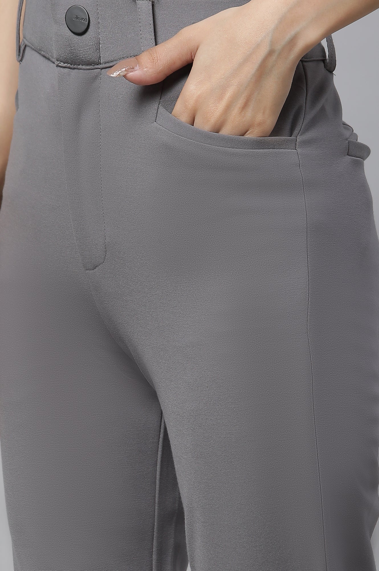 Grey Solid Slim Fit Pants With Front Zip