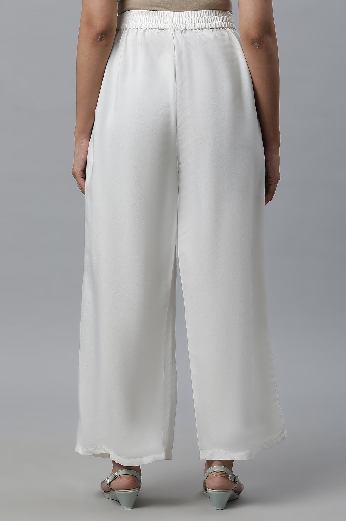 White Solid Straight Fit Woven Palazzo With Elasticated Waist