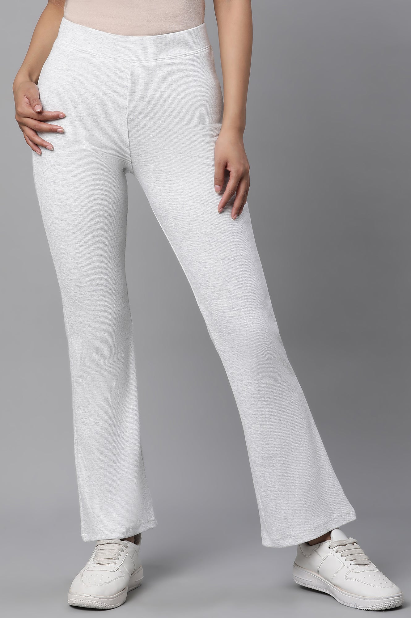White Solid Flared Knit Pants with Elasticated Waist