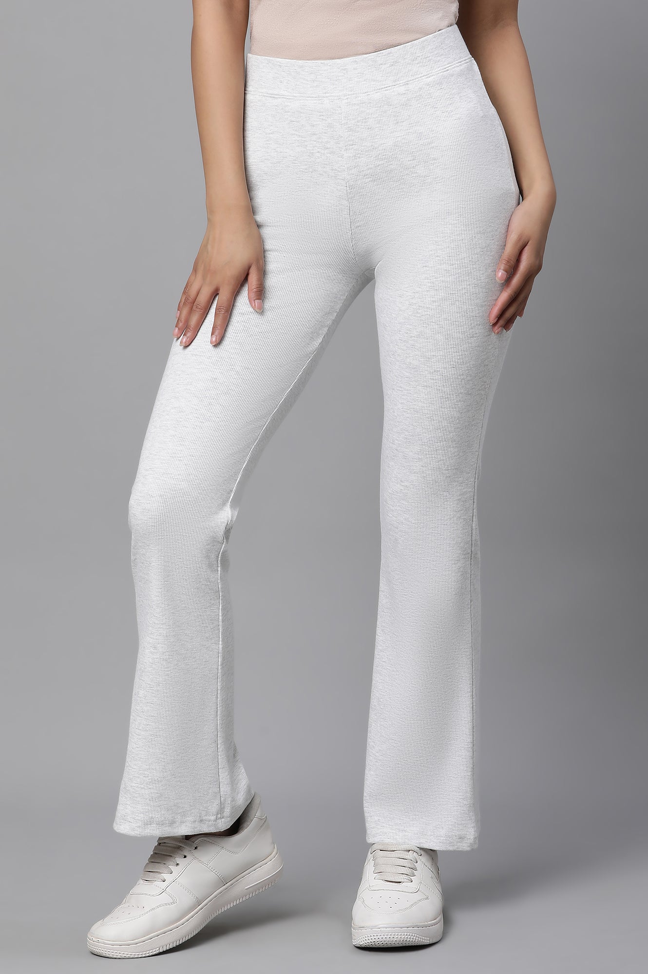 White Solid Flared Knit Pants with Elasticated Waist