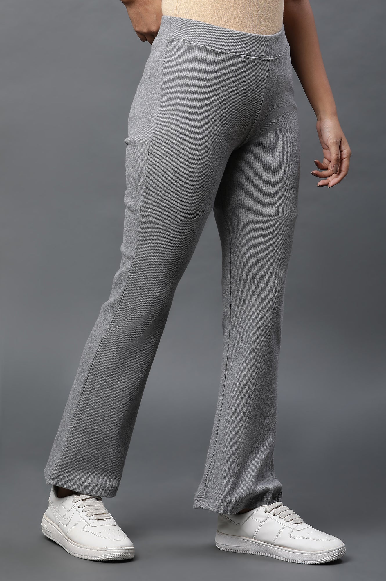 Grey Solid Flared Pants With Elasticated Waist