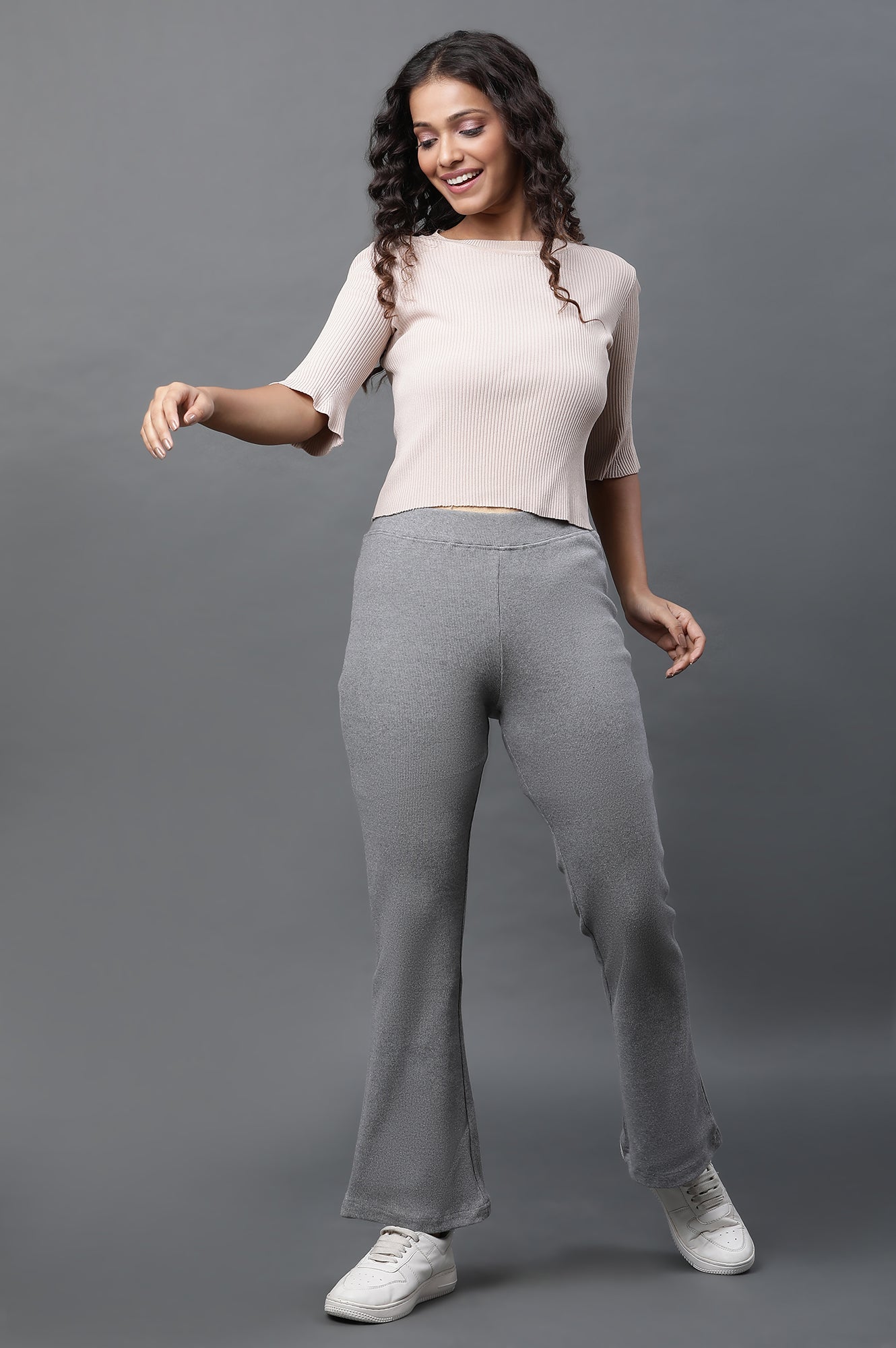 Grey Solid Flared Pants With Elasticated Waist