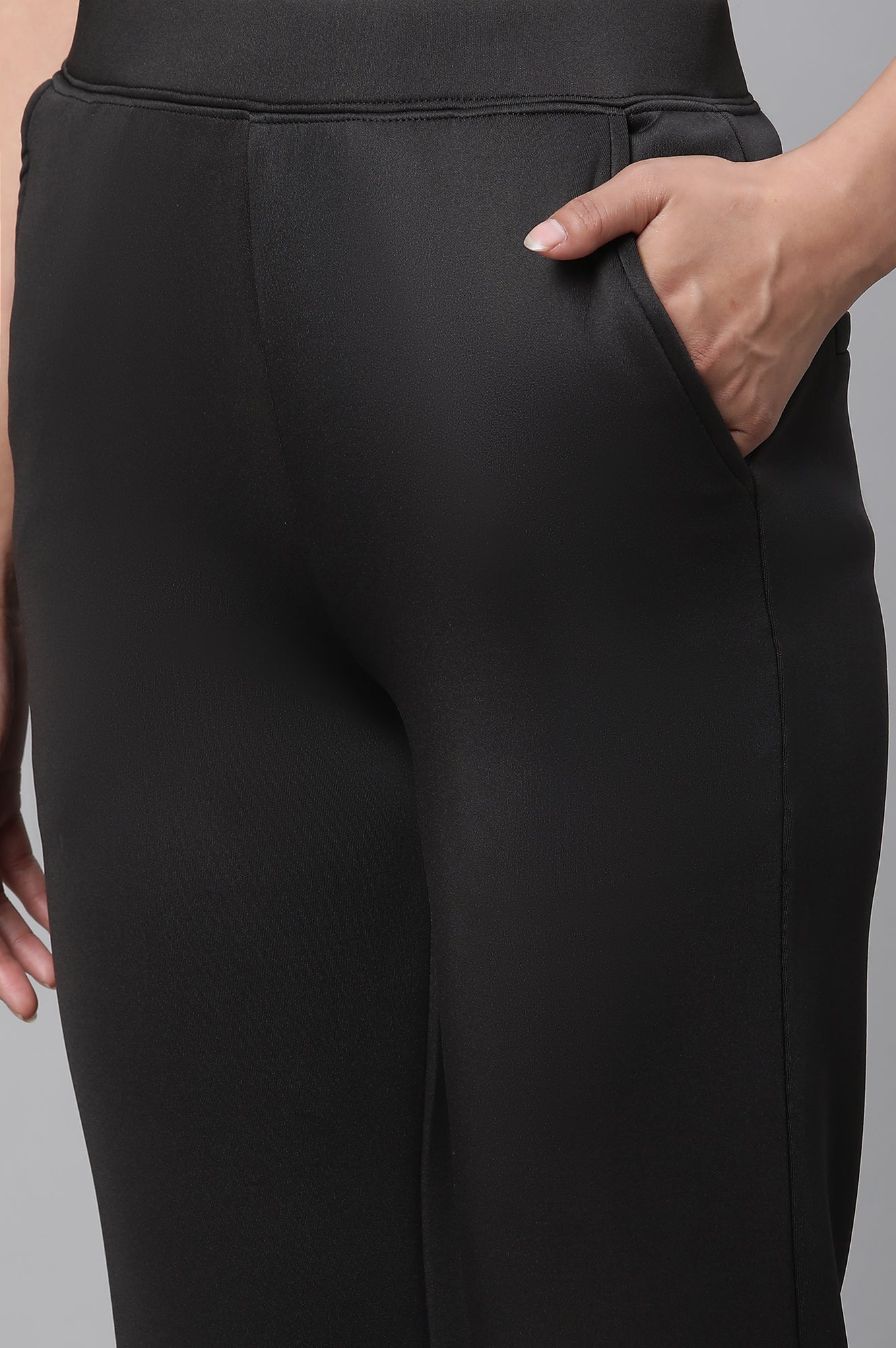 Black Solid Straight Fit Pants With Side Pockets