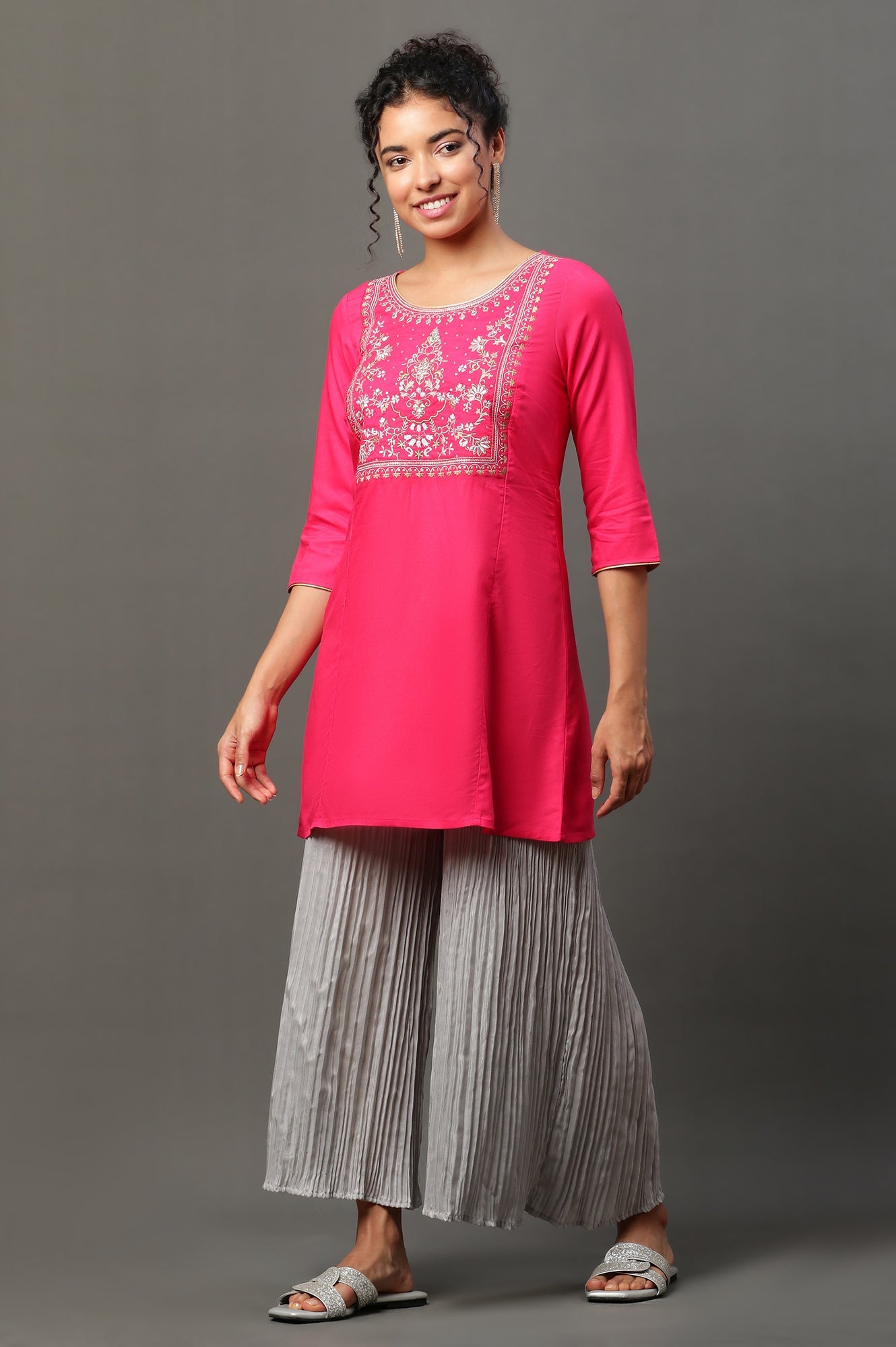 Silver Solid Flared Woven Sharara With Pleated Detail