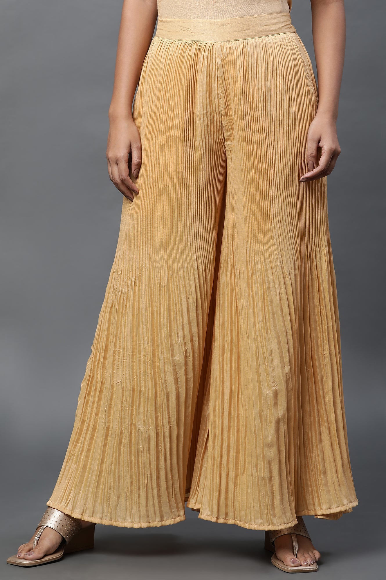 Gold Solid Flared Silk Palazzo With Pleats