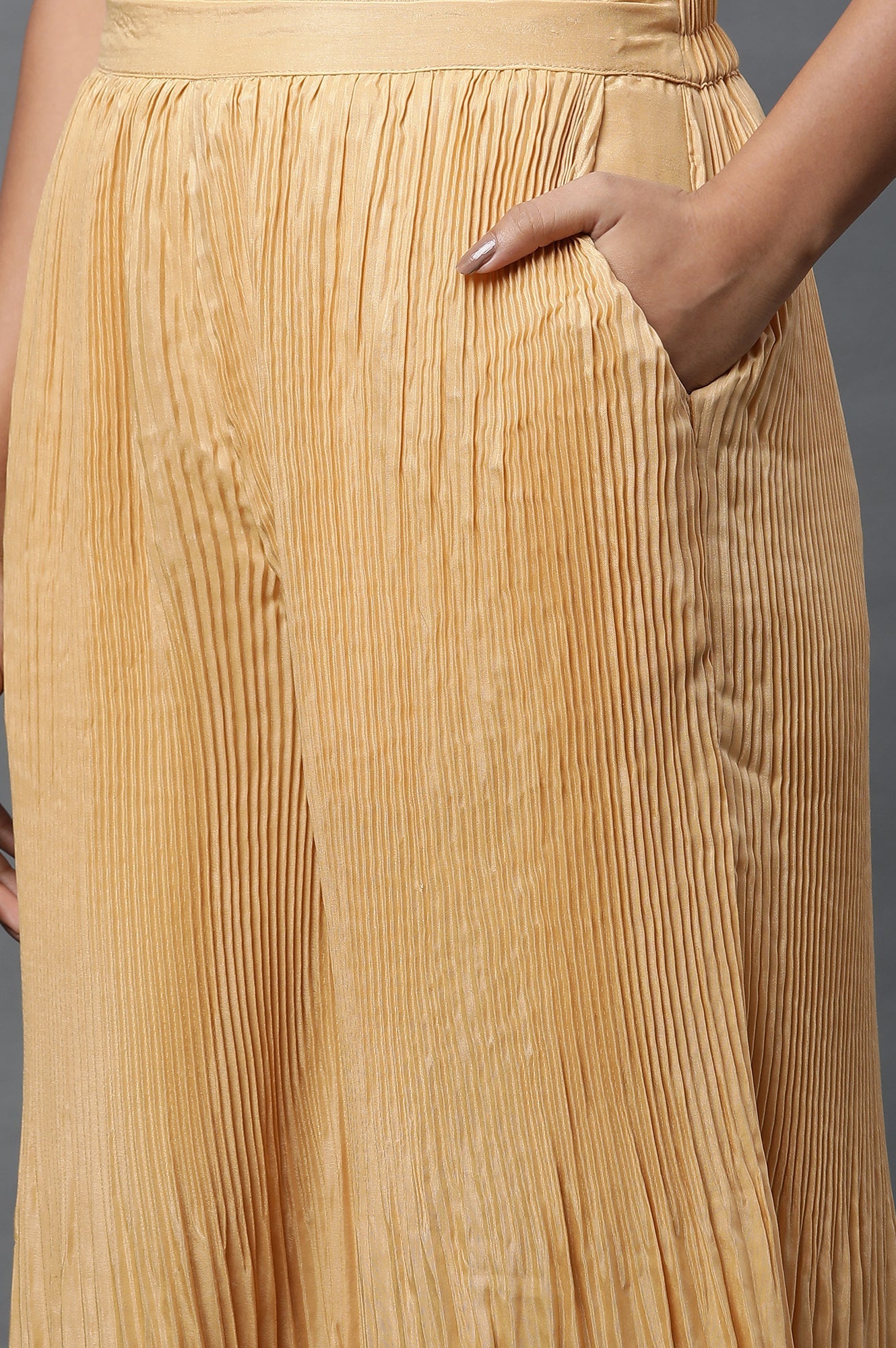 Gold Solid Flared Silk Palazzo With Pleats