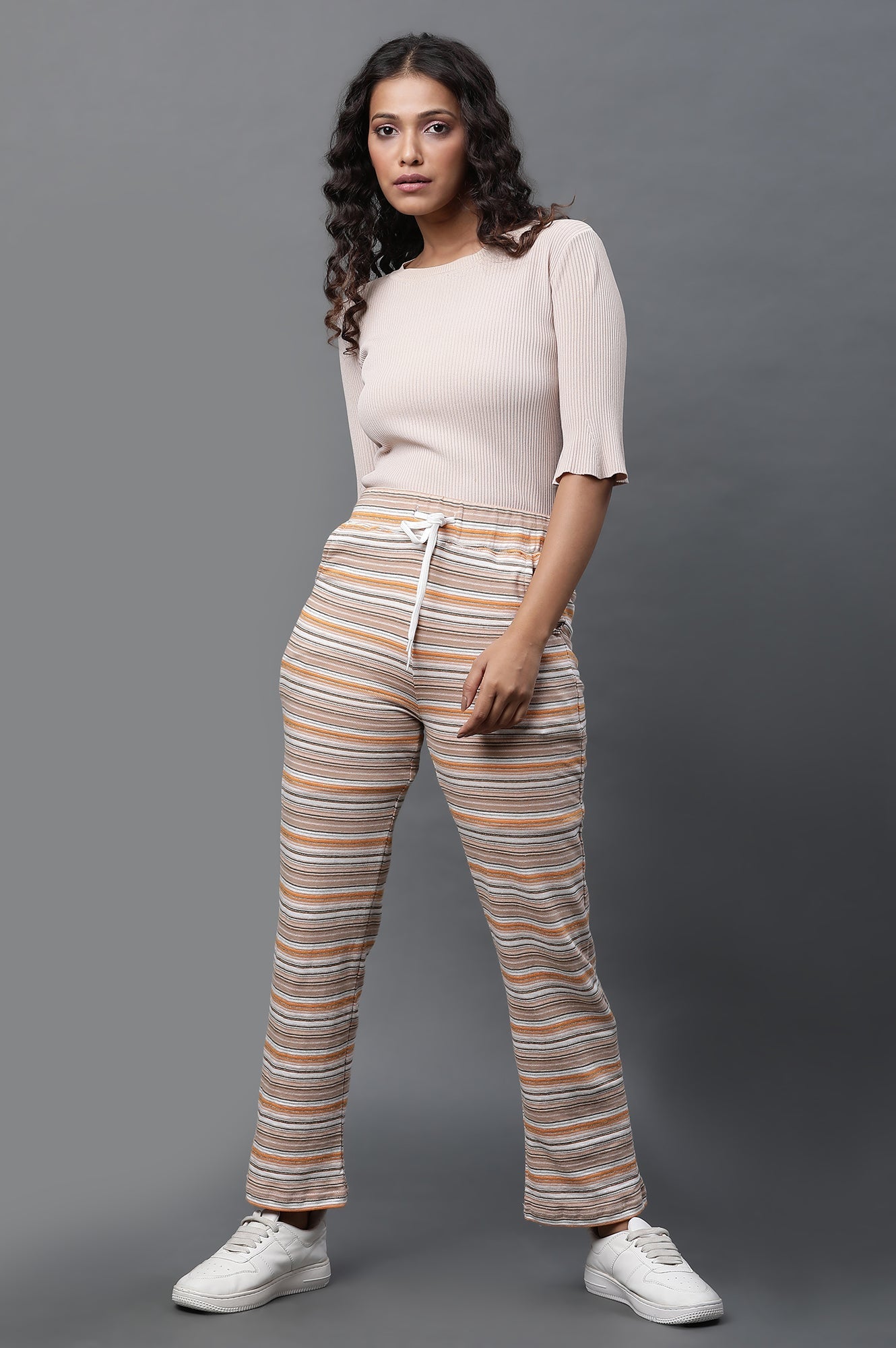 Multiciloured Striped Printed Straight-fit Knit Pants with Drawstring