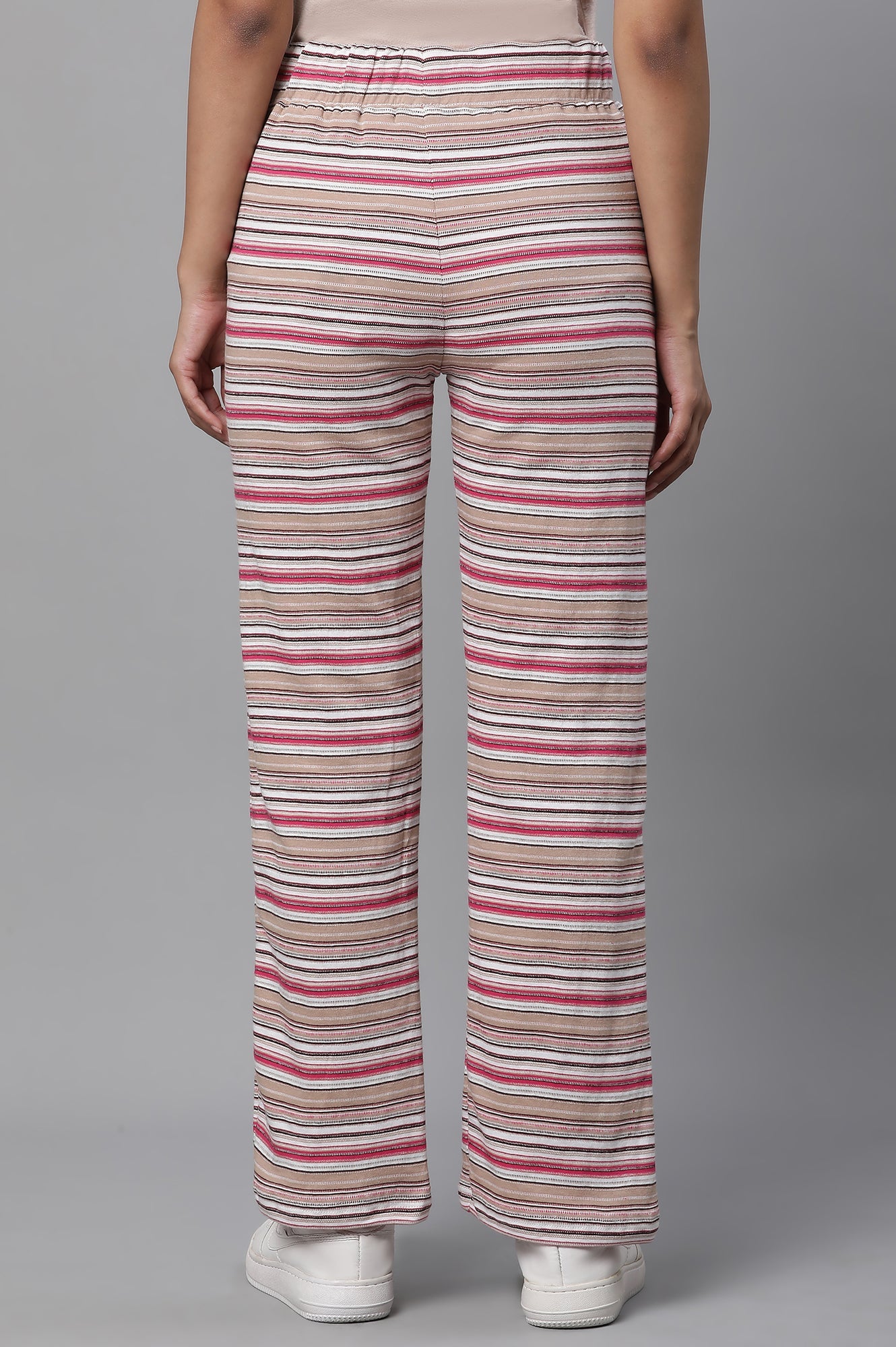 Pink Striped Printed Straight Fit Pants With Drawstring