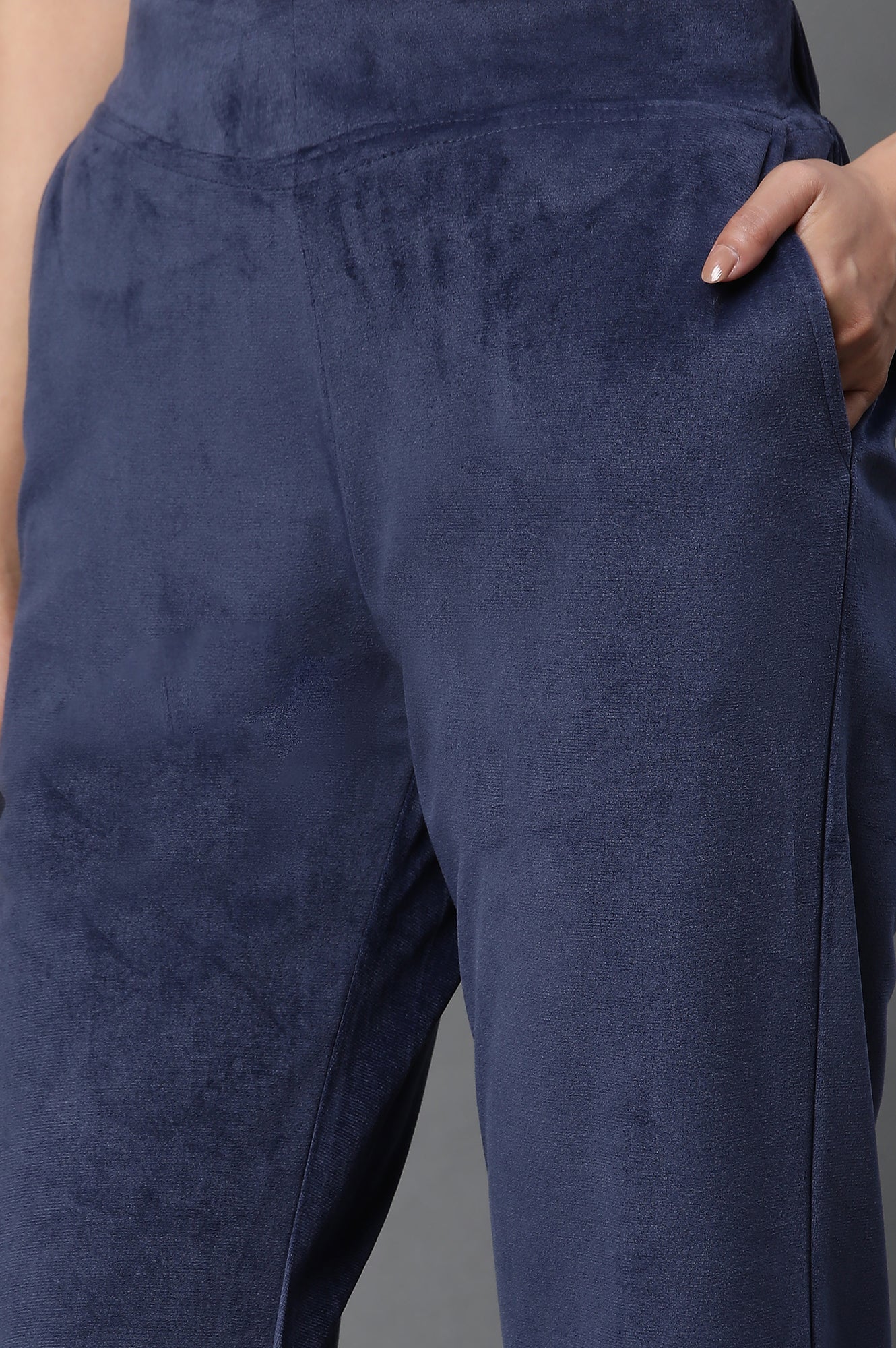 Navy Blue Solid Straight-fit Velvet Pants with Elasticated Waist