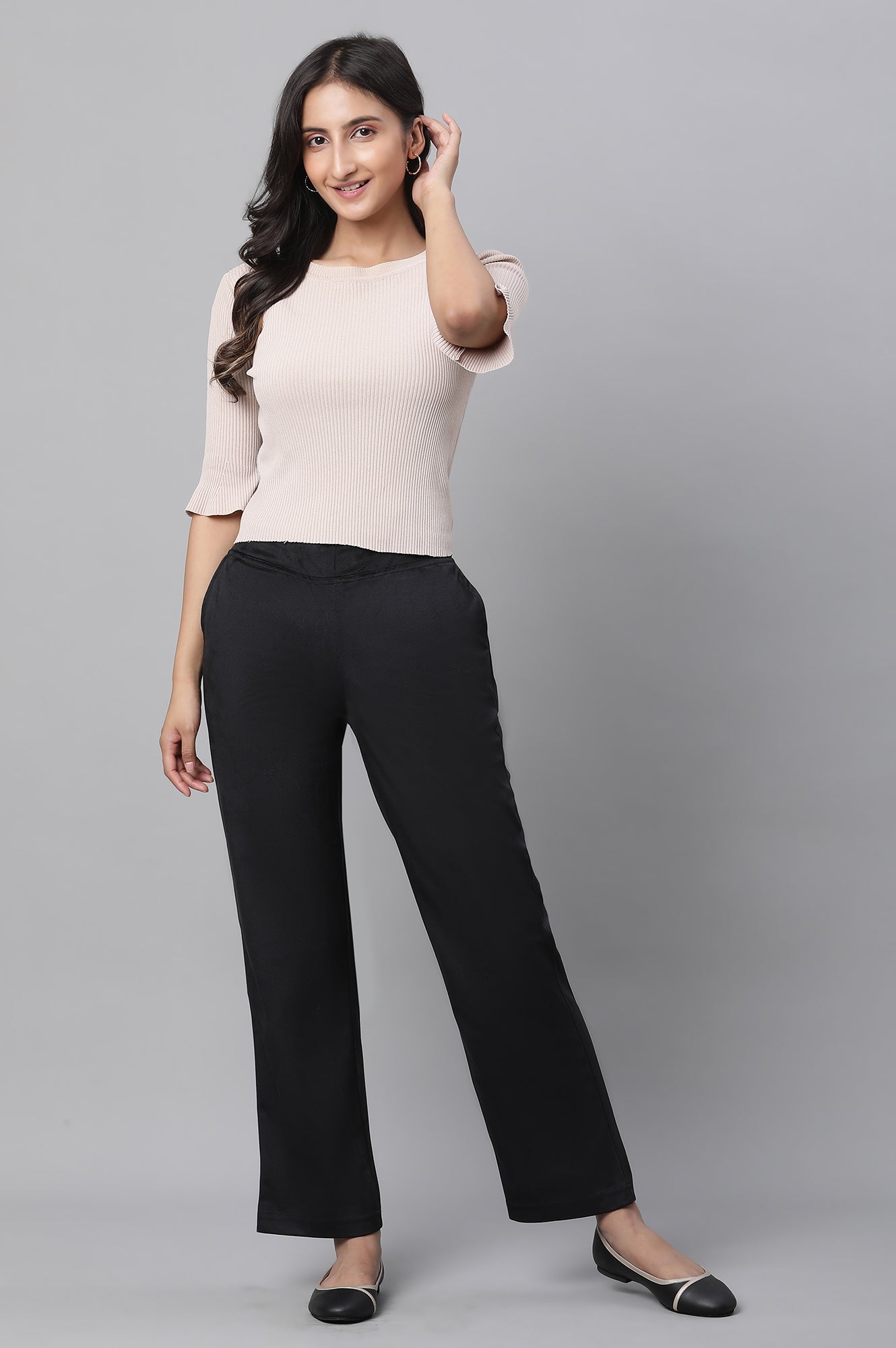 Black Solid Straight Fit Pants With Elasticated Waist