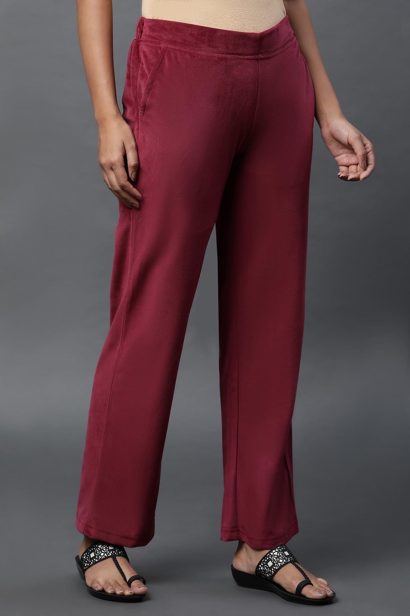 Maroon Solid Straight Fit Velvet Pants With Elasticated Waist