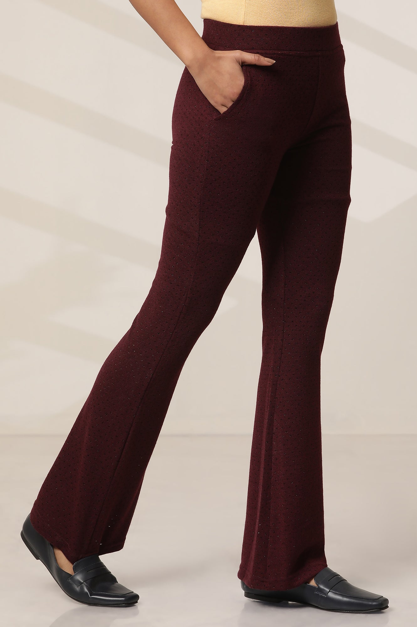 Maroon Solid Flared Knit Pants with Elasticated Waist