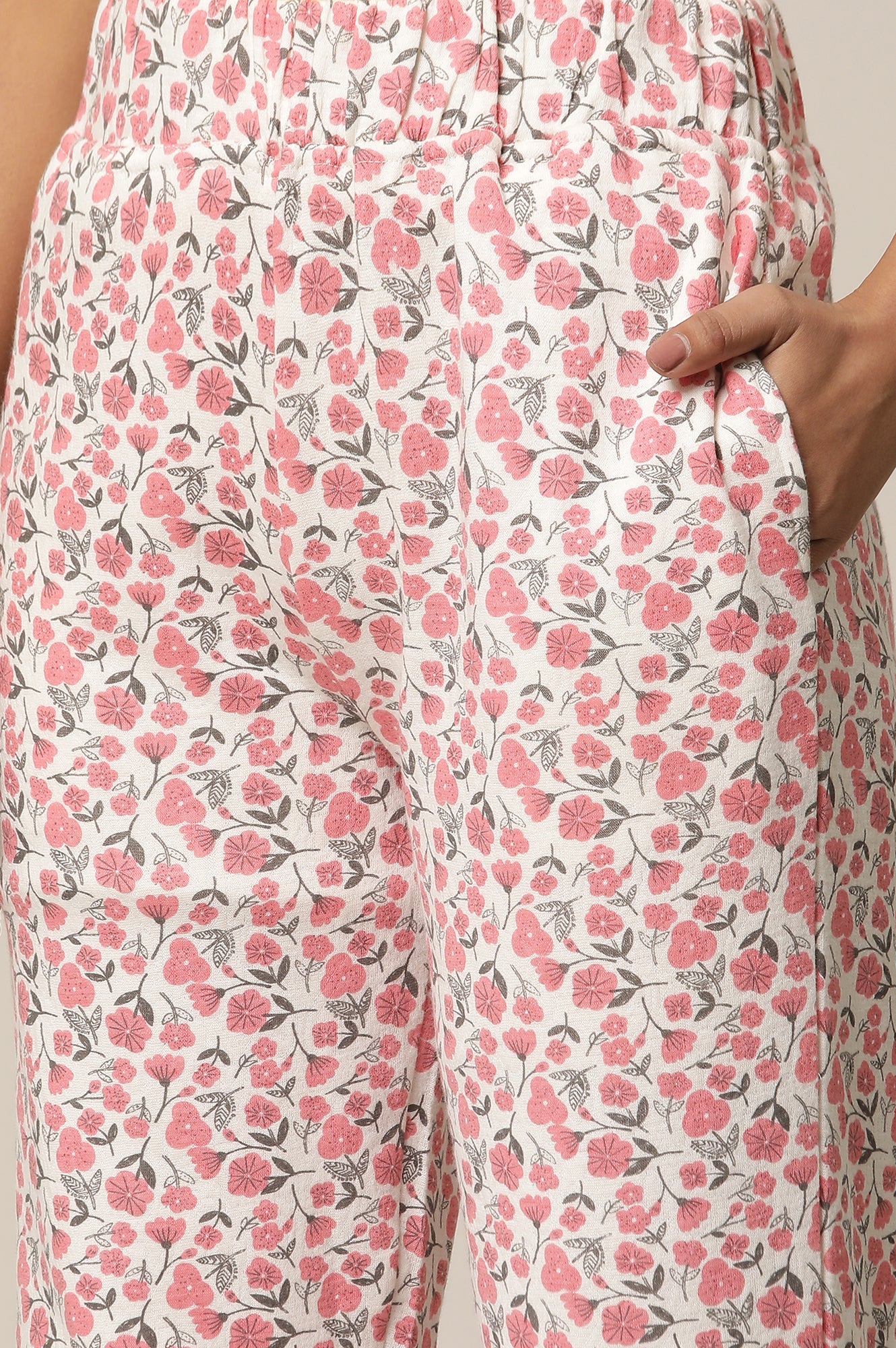 White and Pink Floral Printed Straight-fit Cotton Palazzo with Elasticated Waist