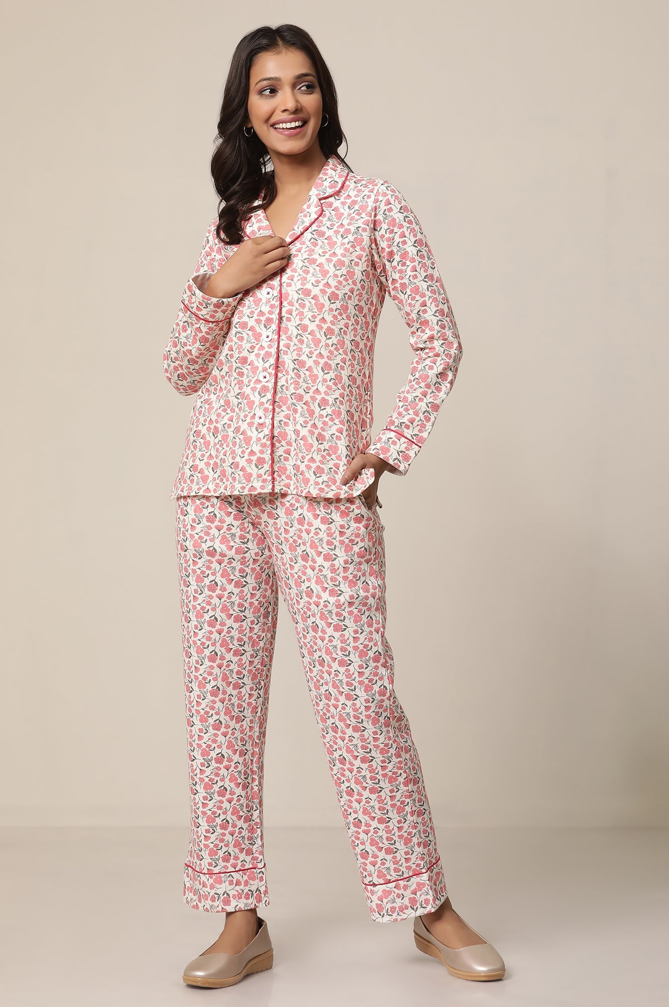 White and Pink Floral Printed Straight-fit Cotton Palazzo with Elasticated Waist