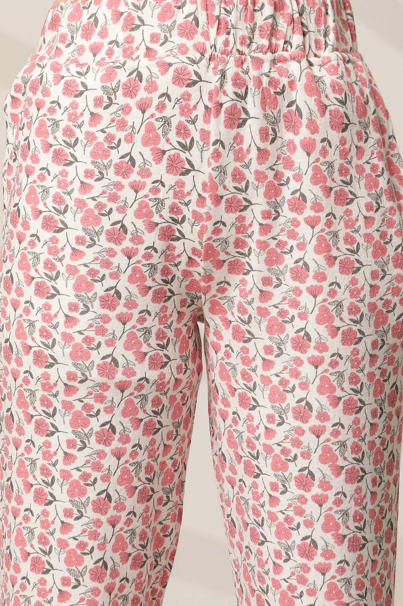 White and Pink Floral Printed Straight-fit Cotton Palazzo with Elasticated Waist