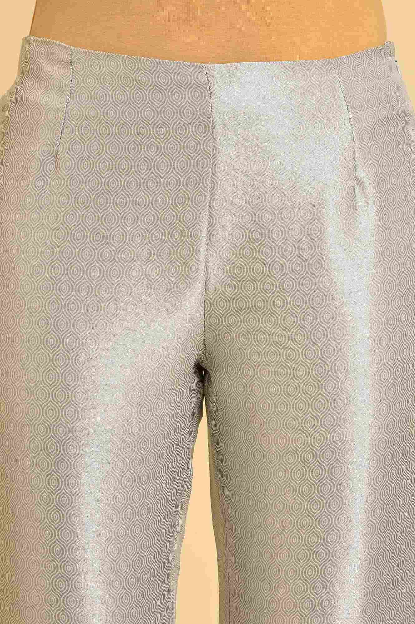 Silver Solid Jacquard Straight Pants
