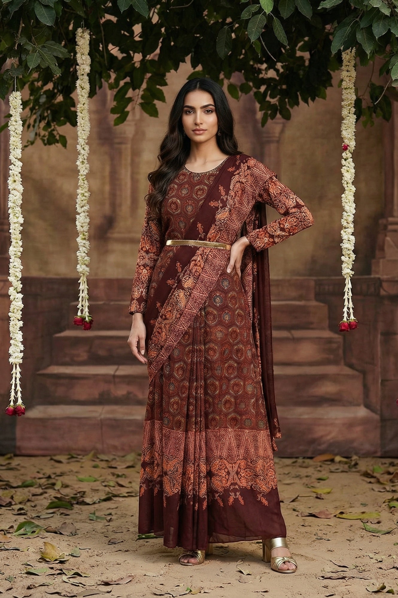 Dark Red Festive Predrape Saree