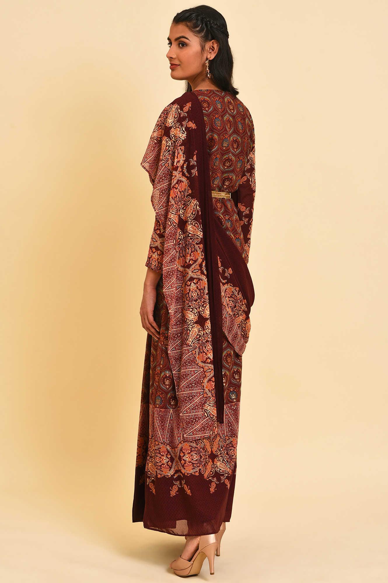 Dark Red Festive Predrape Saree - wforwoman