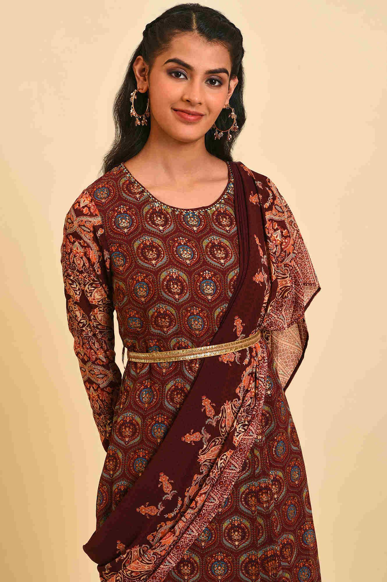 Dark Red Festive Predrape Saree - wforwoman