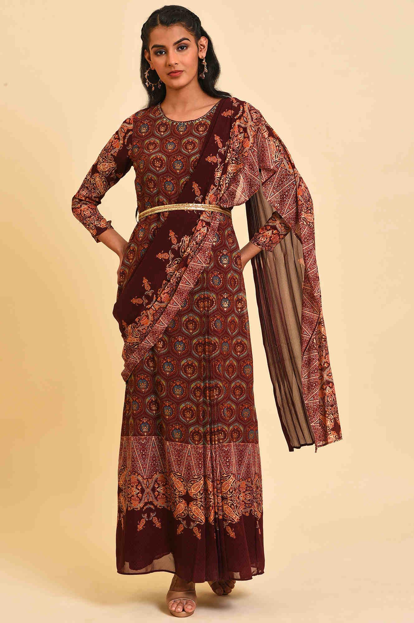 Dark Red Festive Predrape Saree - wforwoman