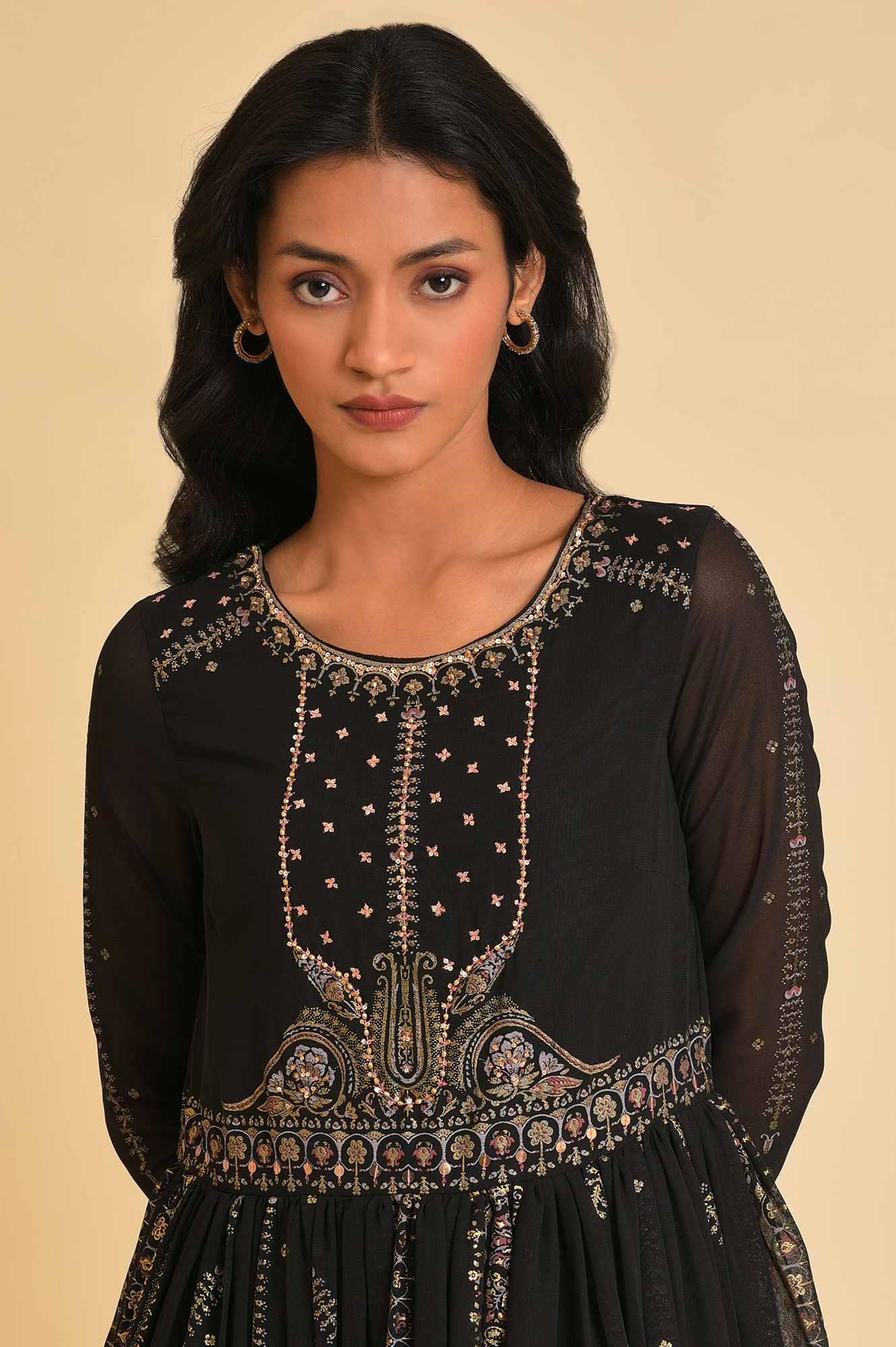 Black Foil Printed Victorian Dress - wforwoman