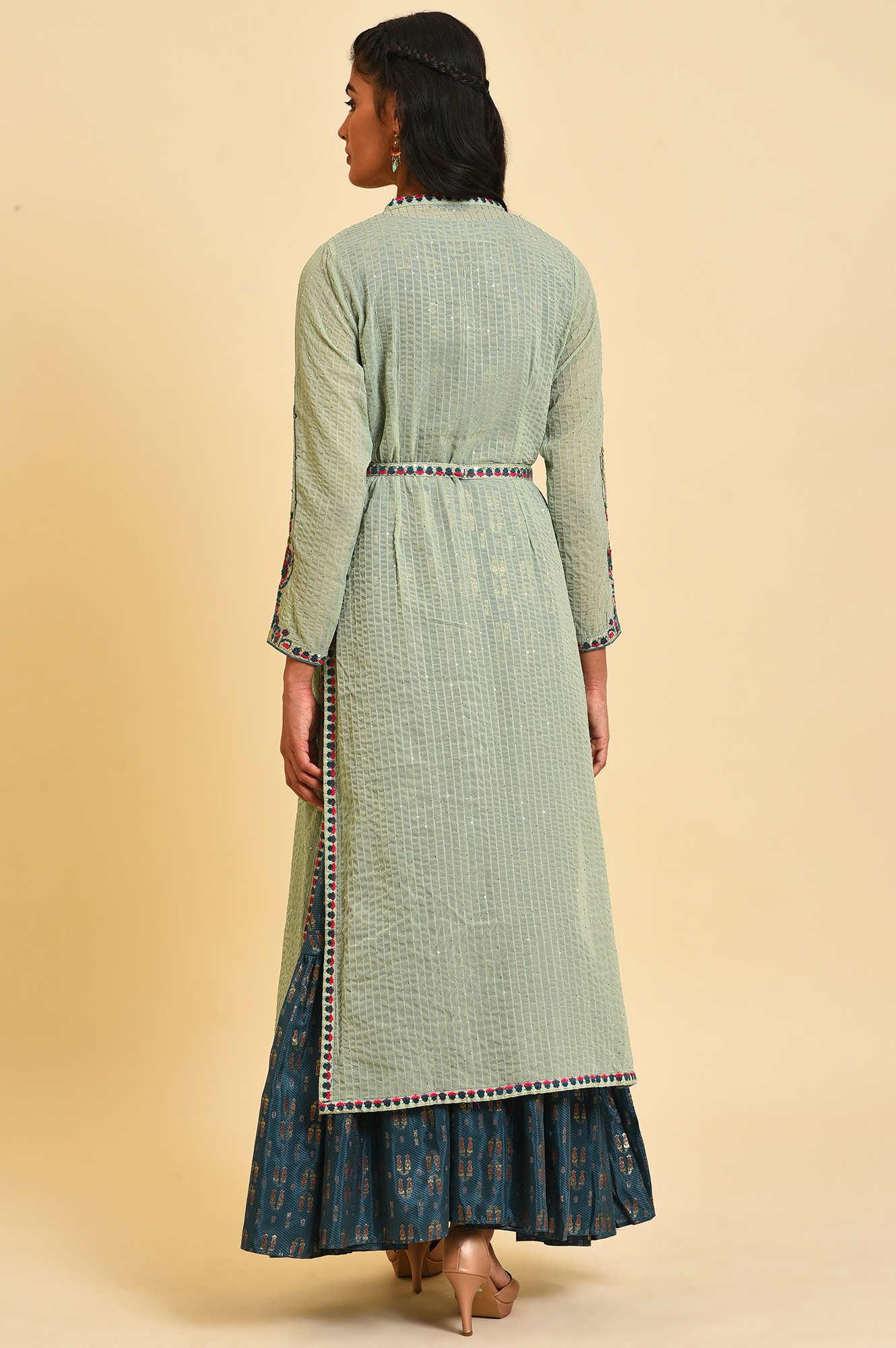 Green Embroidered Gillet & Tiered Dress Set - wforwoman