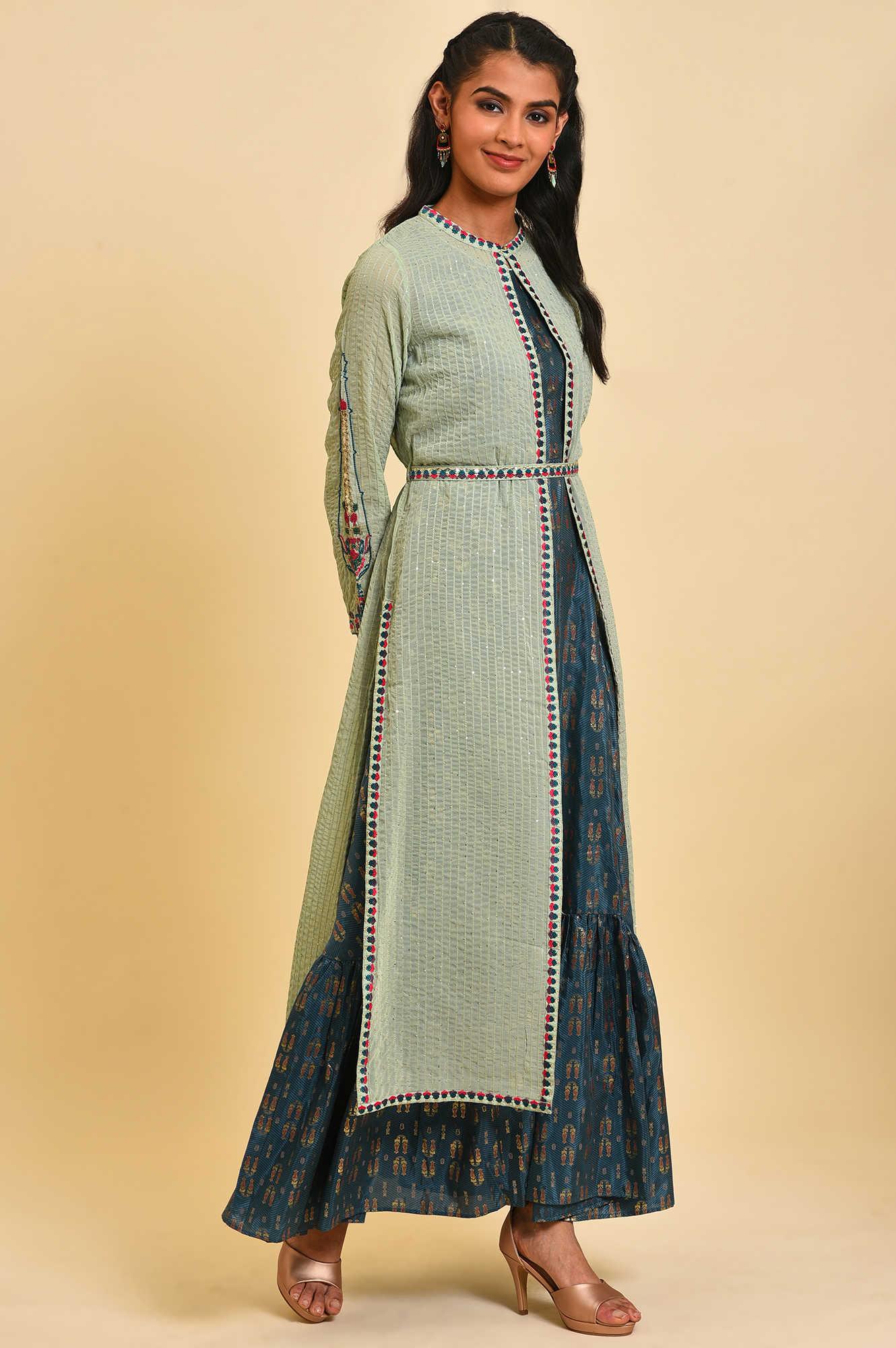 Green Embroidered Gillet & Tiered Dress Set - wforwoman