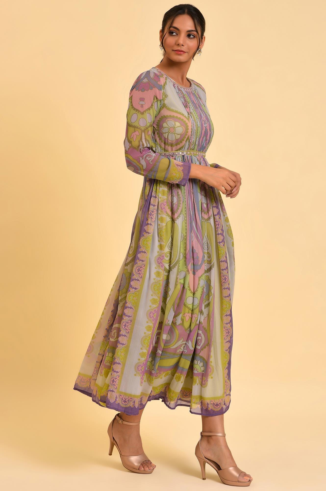 Multi-Coloured Printed Flared Dress With Belt - wforwoman