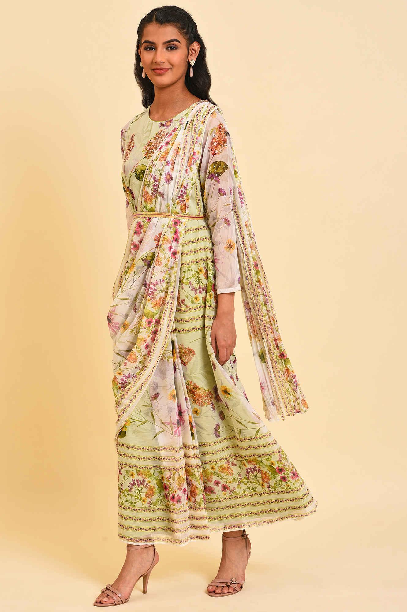 Ecru & Light Green Floral Printed Predrape Saree Dress - wforwoman