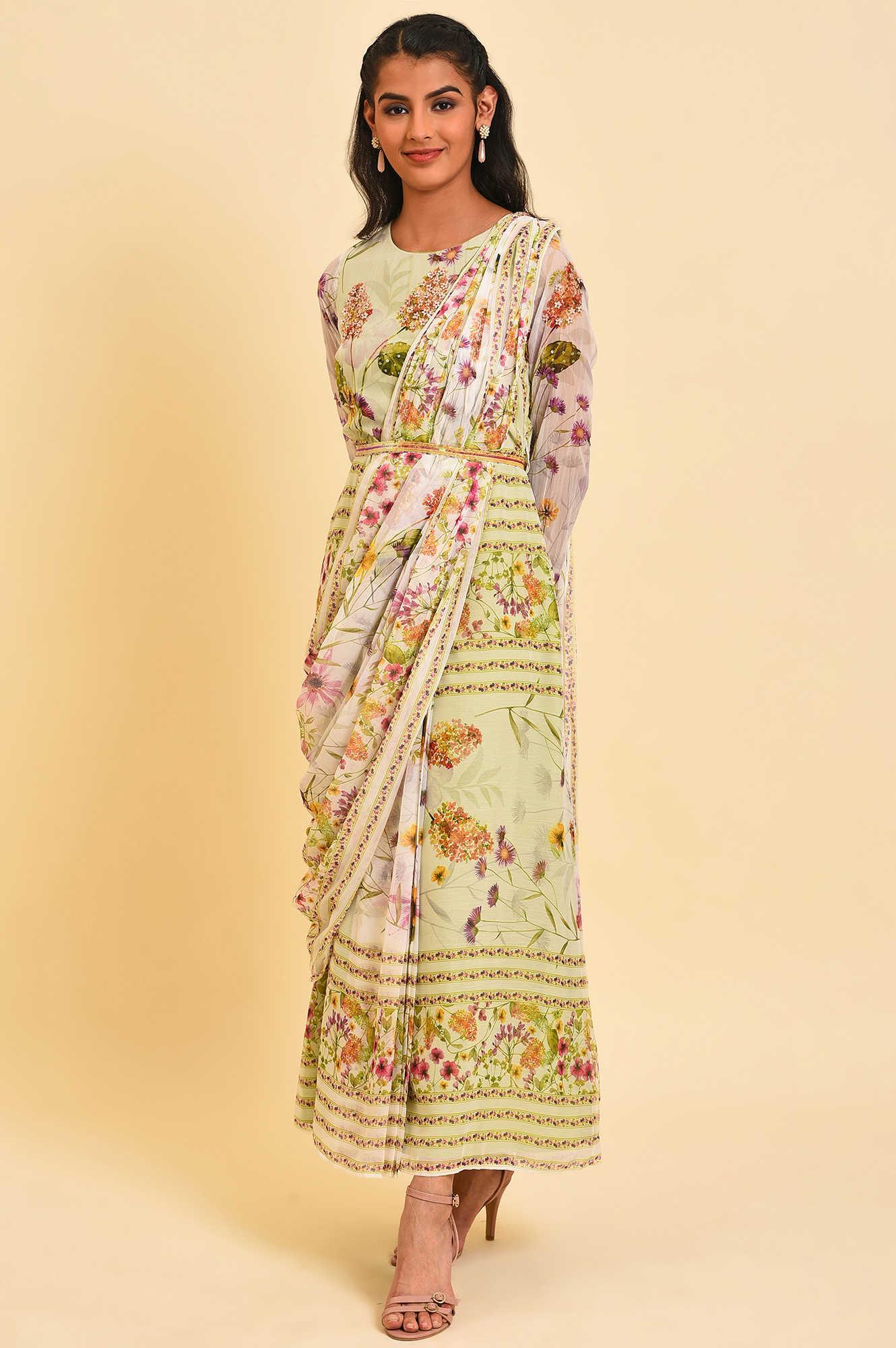 Ecru & Light Green Floral Printed Predrape Saree Dress - wforwoman