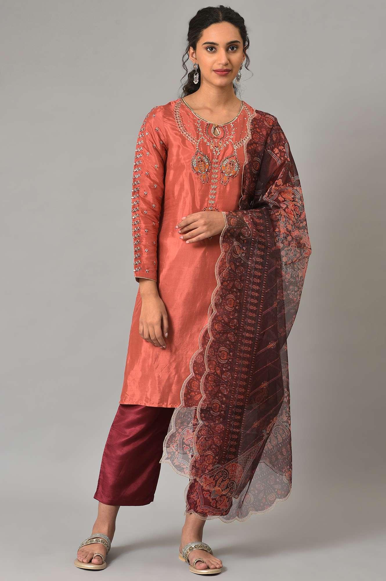 Coral Embroidered kurta With Dark Red Pants And Printed Dupatta - wforwoman
